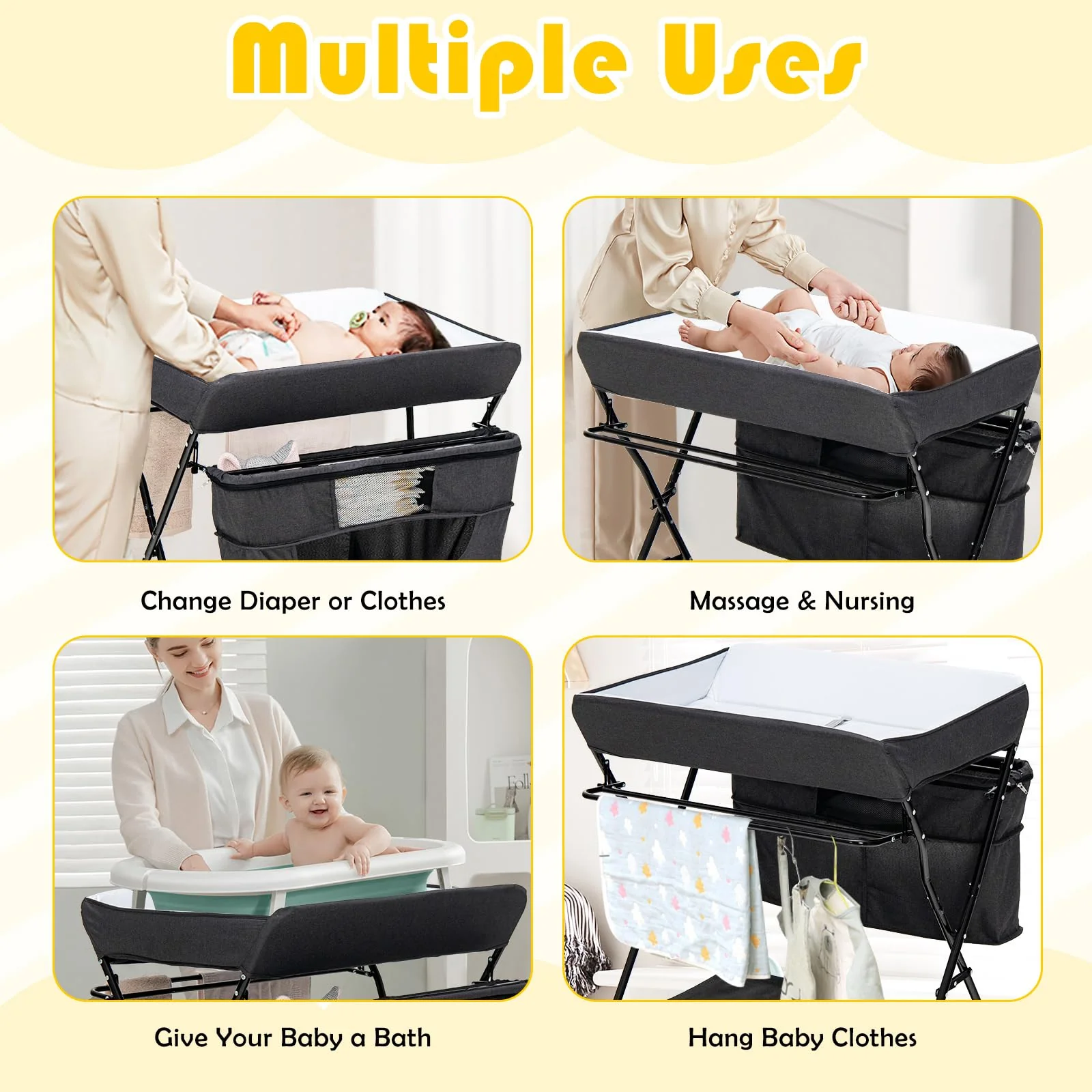 BABY JOY Foldable Baby Changing Table, 4-in-1 Diaper Station w/4 Adjustable Heights & 4 Lockable Wheels - Image 4
