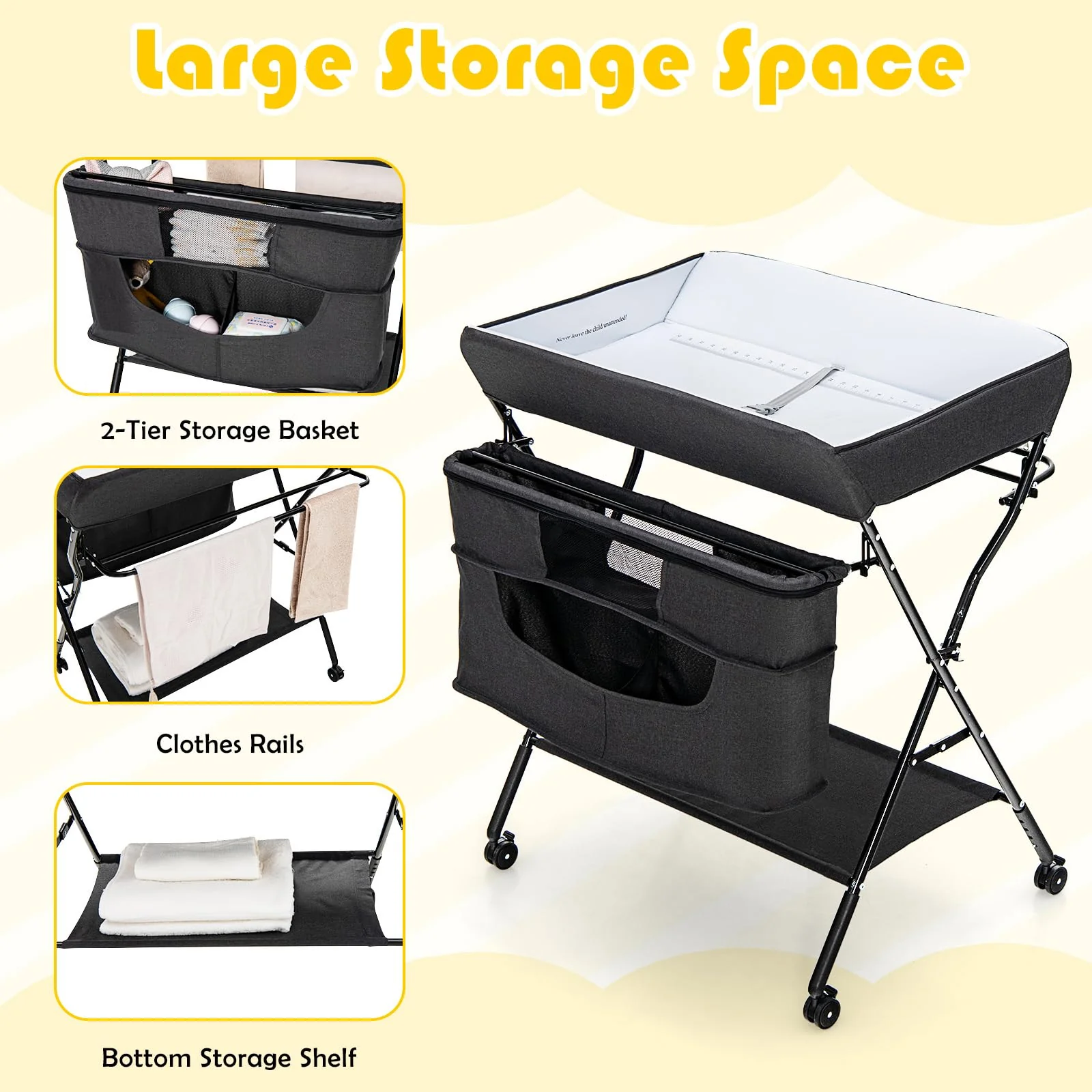 BABY JOY Foldable Baby Changing Table, 4-in-1 Diaper Station w/4 Adjustable Heights & 4 Lockable Wheels - Image 6