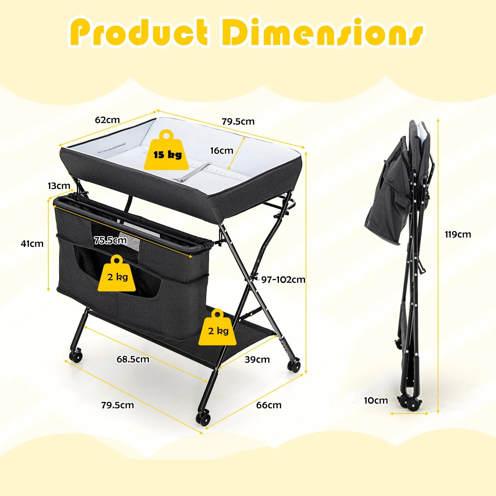BABY JOY Foldable Baby Changing Table, 4-in-1 Diaper Station w/4 Adjustable Heights & 4 Lockable Wheels - Image 7