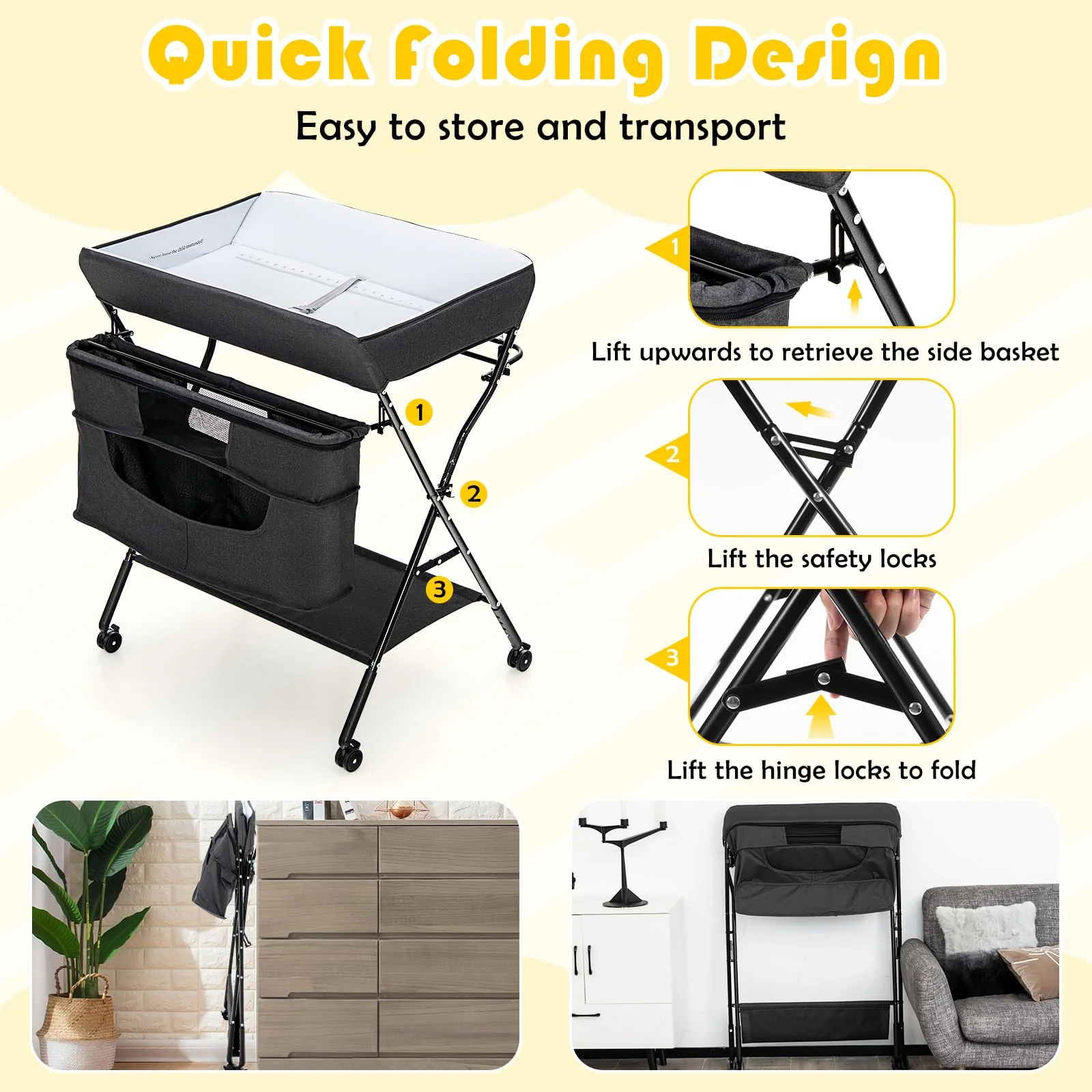 BABY JOY Foldable Baby Changing Table, 4-in-1 Diaper Station w/4 Adjustable Heights & 4 Lockable Wheels - Image 8