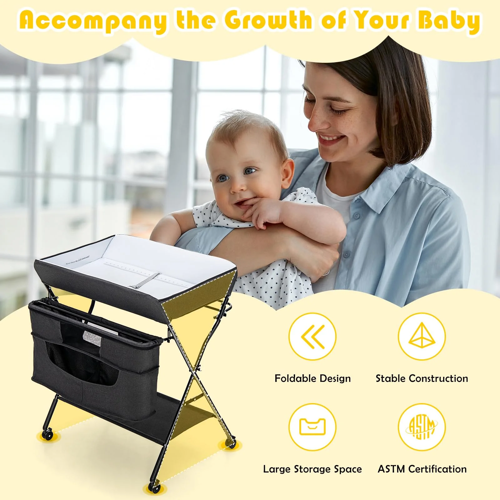BABY JOY Foldable Baby Changing Table, 4-in-1 Diaper Station w/4 Adjustable Heights & 4 Lockable Wheels - Image 9
