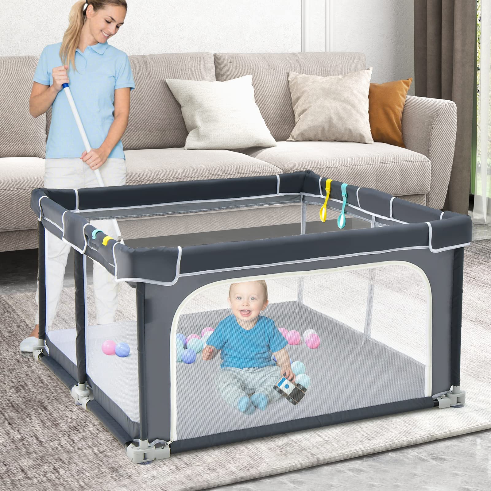 BABY JOY Foldable Baby Playpen, 124 x 124 x 70cm Playpen Activity Center w/50 Balls & 4 Pull Rings for Babies Toddlers - Image 2