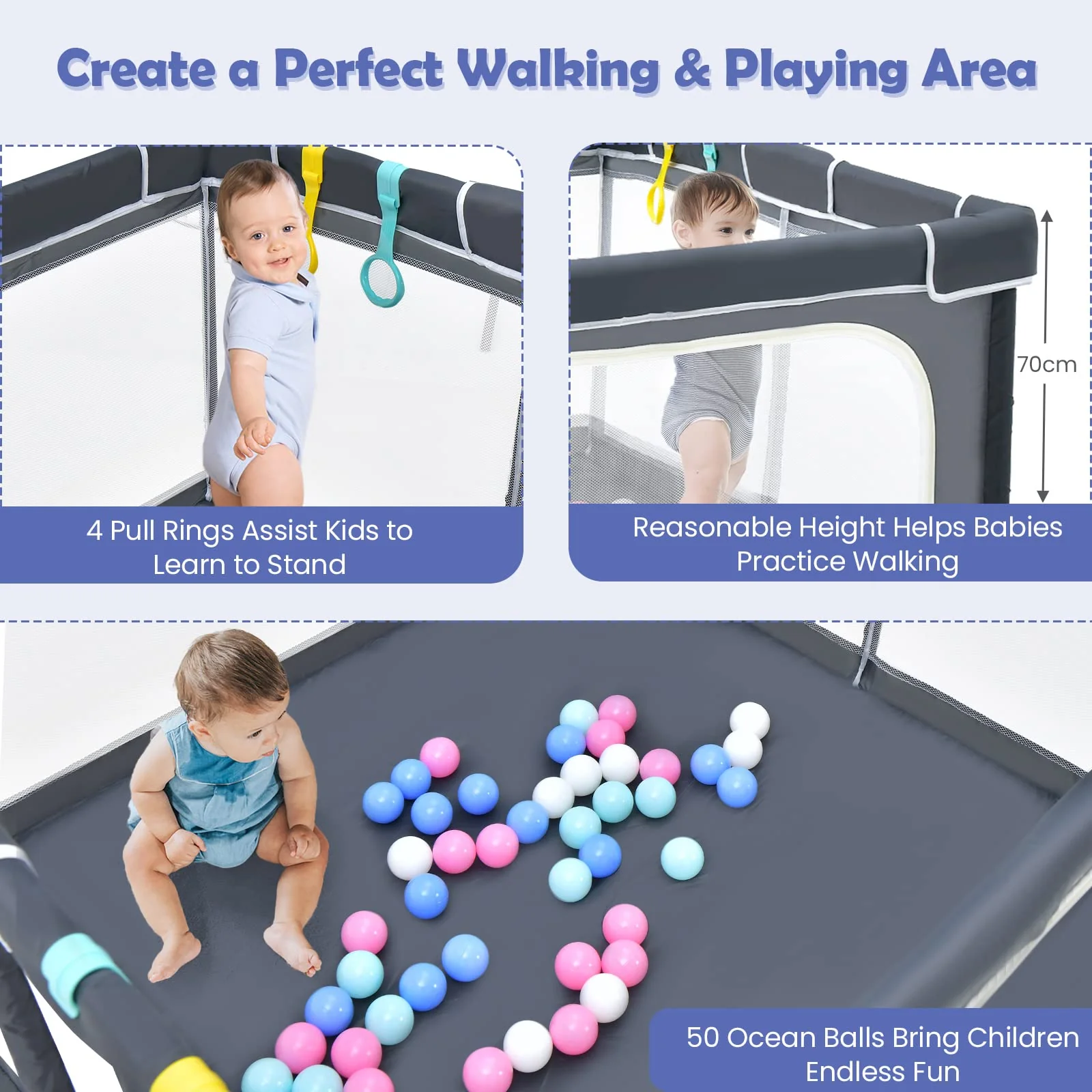 BABY JOY Foldable Baby Playpen, 124 x 124 x 70cm Playpen Activity Center w/50 Balls & 4 Pull Rings for Babies Toddlers - Image 3