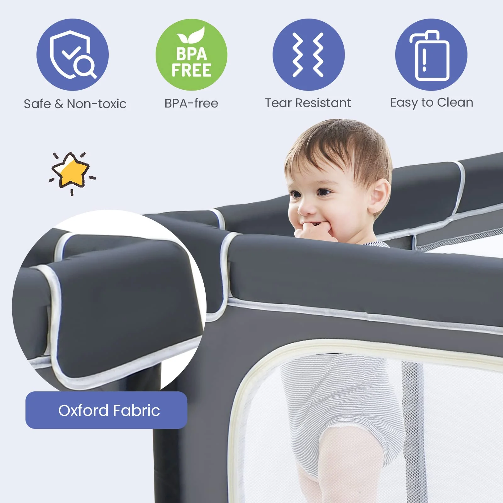 BABY JOY Foldable Baby Playpen, 124 x 124 x 70cm Playpen Activity Center w/50 Balls & 4 Pull Rings for Babies Toddlers - Image 4