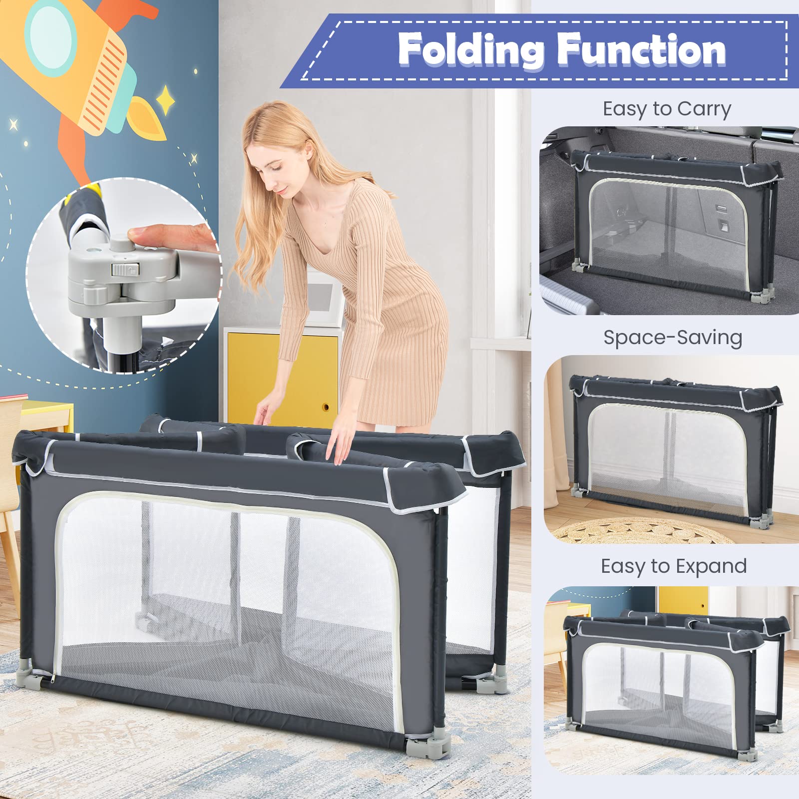 BABY JOY Foldable Baby Playpen, 124 x 124 x 70cm Playpen Activity Center w/50 Balls & 4 Pull Rings for Babies Toddlers - Image 5