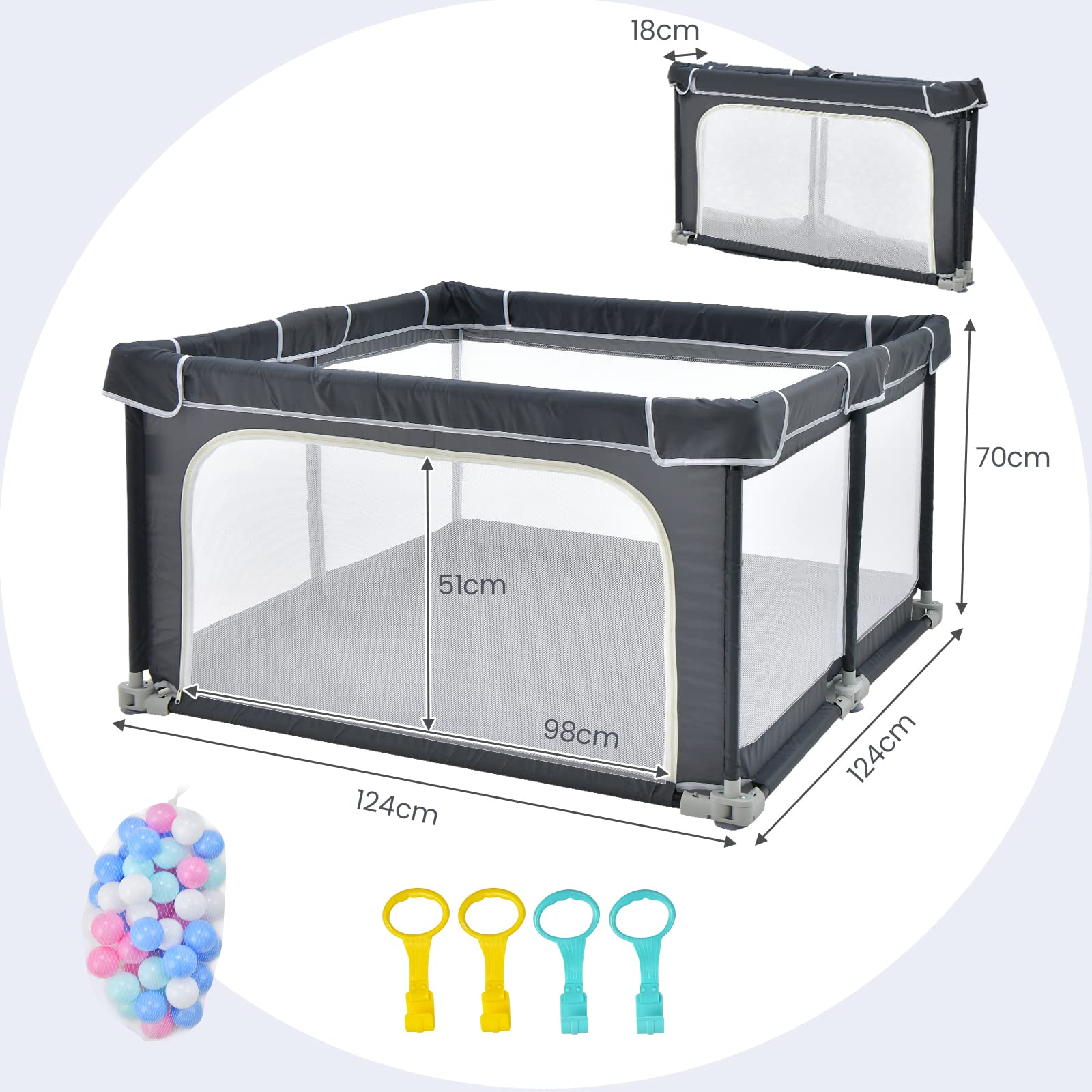 BABY JOY Foldable Baby Playpen, 124 x 124 x 70cm Playpen Activity Center w/50 Balls & 4 Pull Rings for Babies Toddlers - Image 6