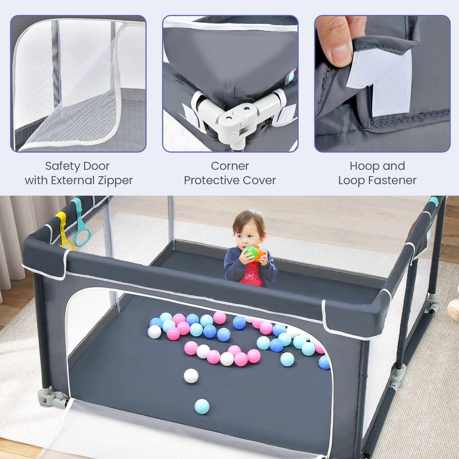 BABY JOY Foldable Baby Playpen, 124 x 124 x 70cm Playpen Activity Center w/50 Balls & 4 Pull Rings for Babies Toddlers - Image 8