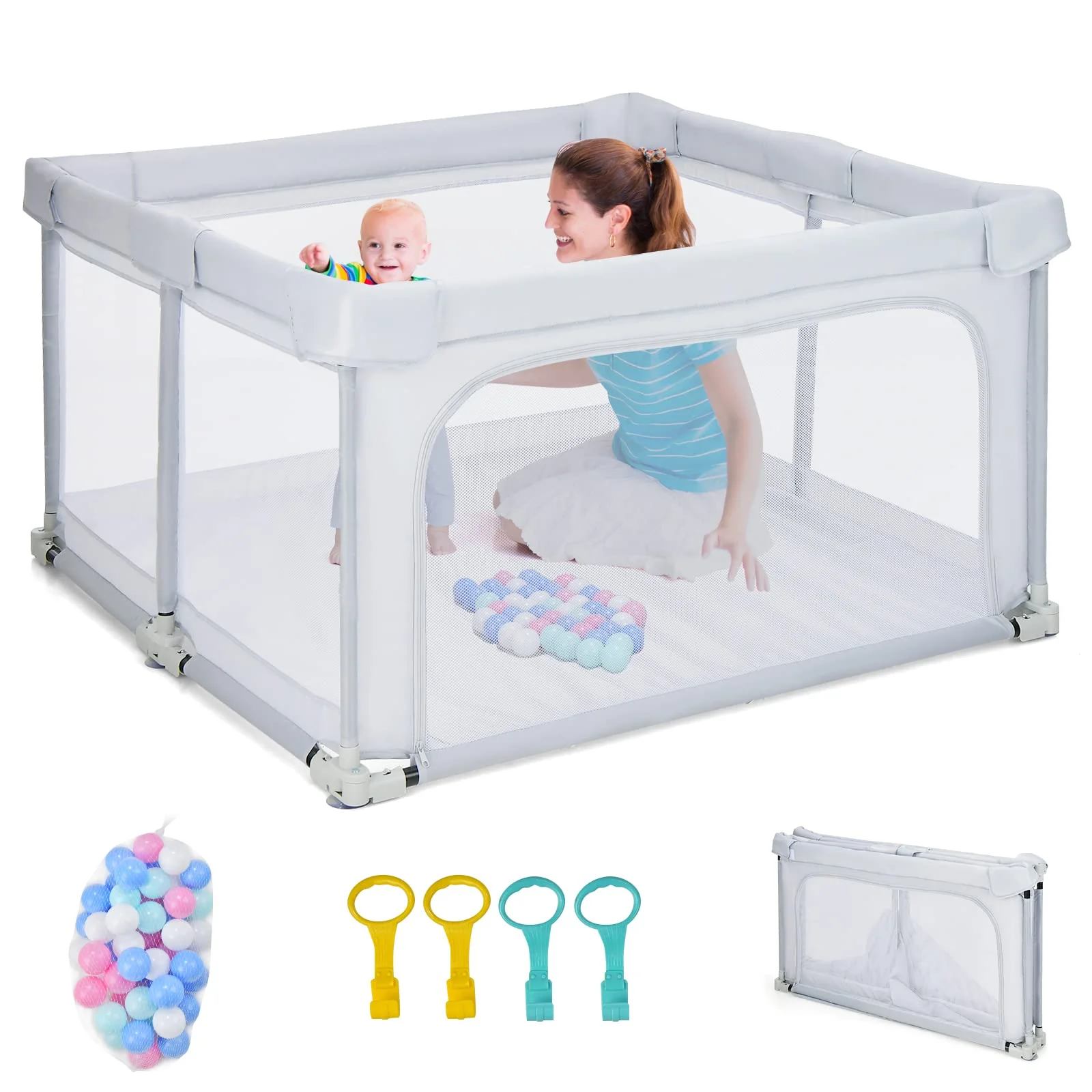 BABY JOY Foldable Baby Playpen, 124 x 124 x 70cm Playpen Activity Center w/50 Balls & 4 Pull Rings for Babies Toddlers - Image 9