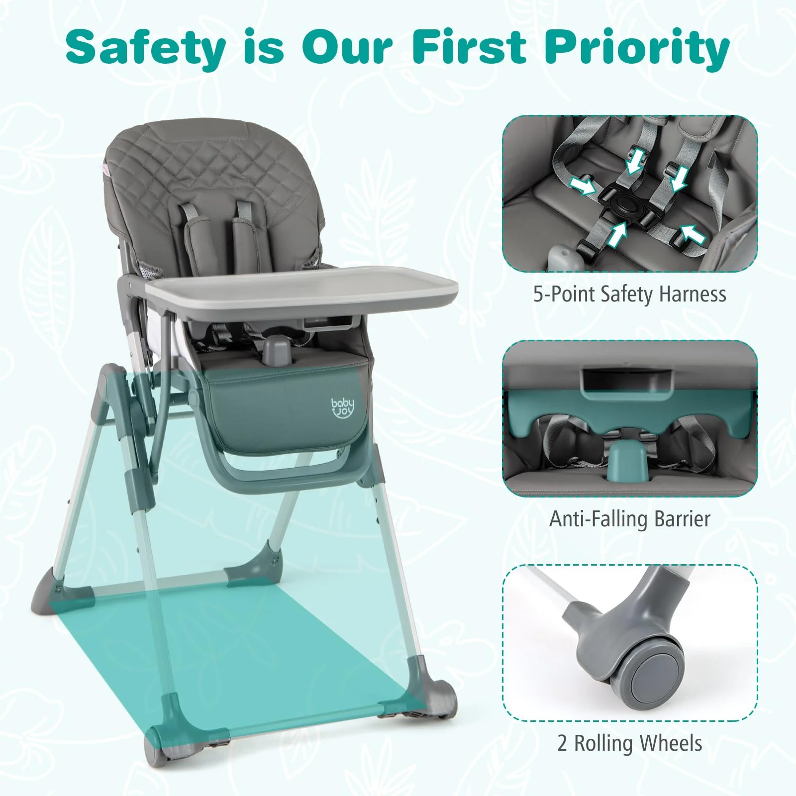 BABY JOY Foldable High Chair for Babies and Toddlers, Portable Adjustable Highchair with Footrest - Image 3