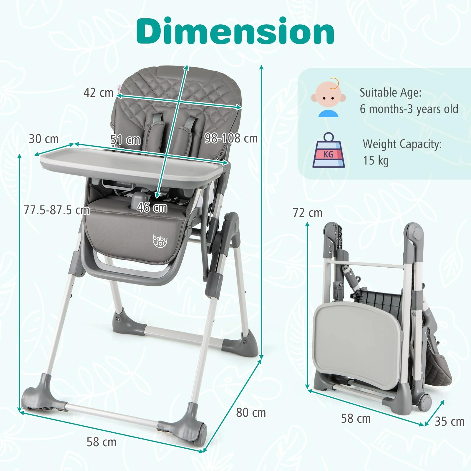 BABY JOY Foldable High Chair for Babies and Toddlers, Portable Adjustable Highchair with Footrest - Image 4