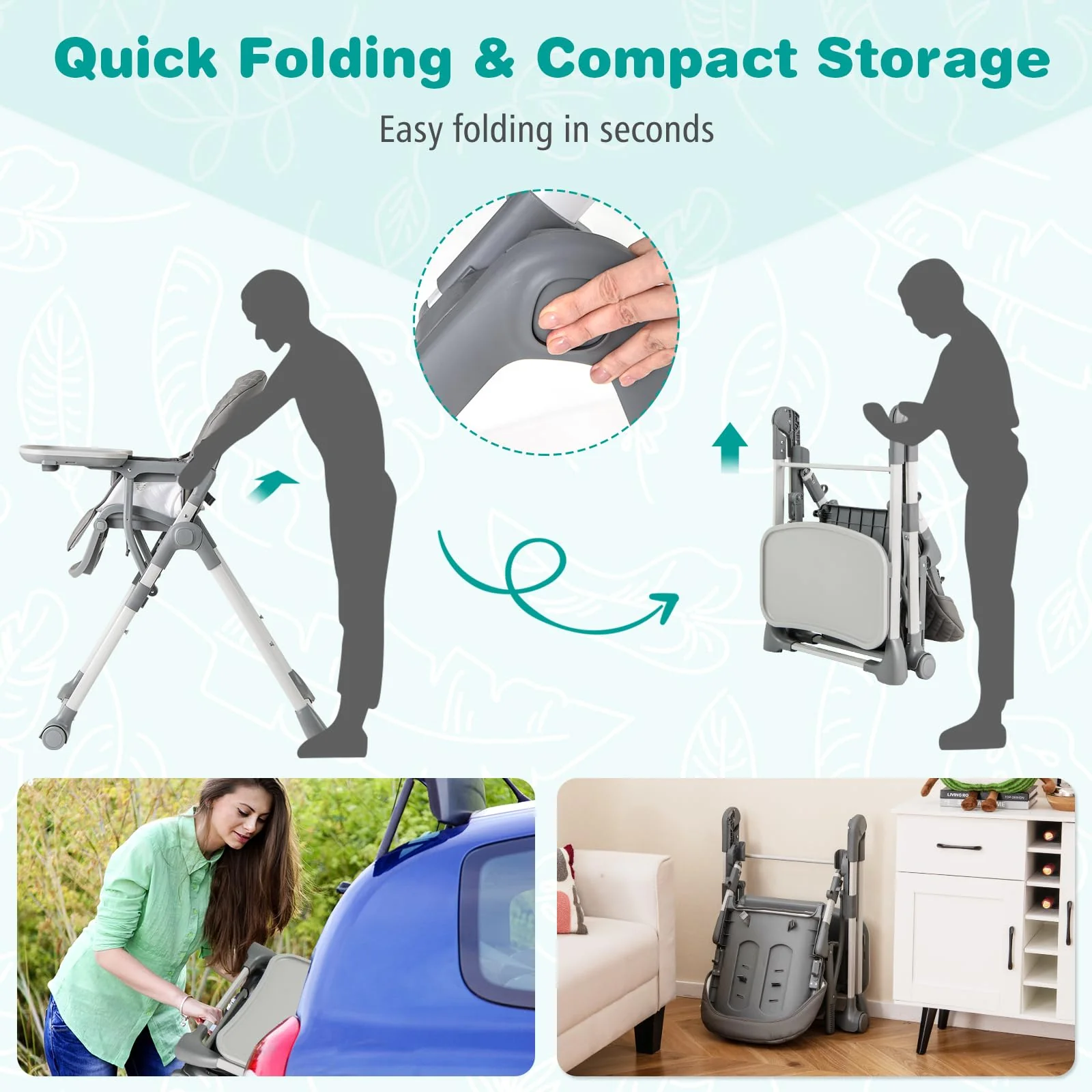 BABY JOY Foldable High Chair for Babies and Toddlers, Portable Adjustable Highchair with Footrest - Image 6