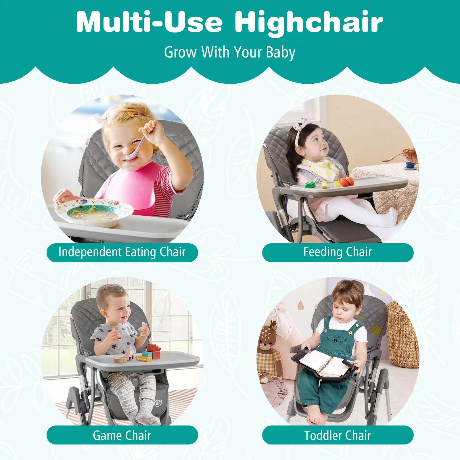 BABY JOY Foldable High Chair for Babies and Toddlers, Portable Adjustable Highchair with Footrest - Image 8