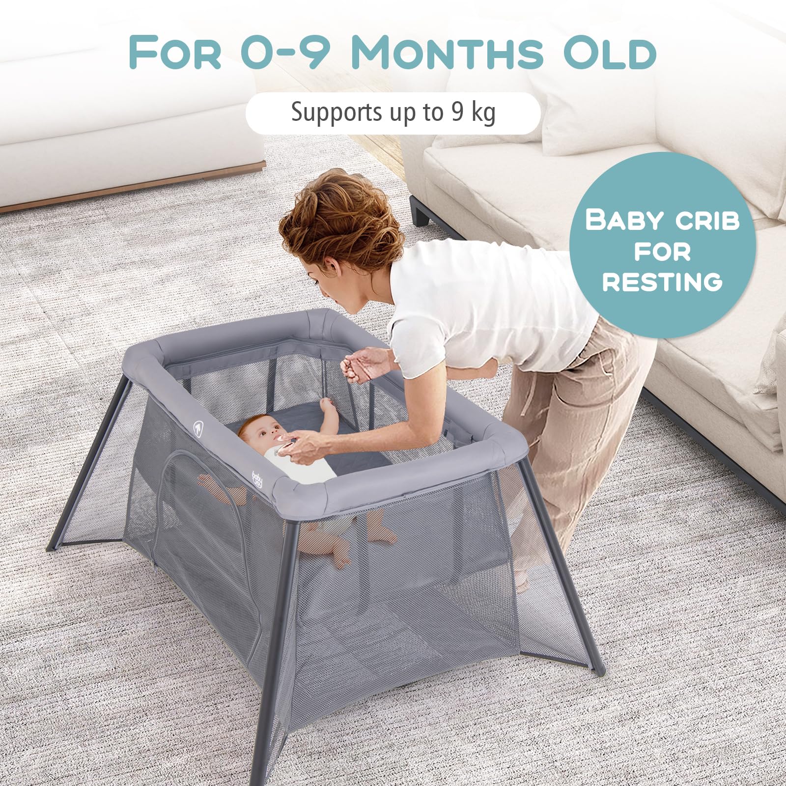 BABY JOY Foldable Portacot, 2-in-1 Baby Travel Cot with Safety Enclosure & Padded Mattress - Image 3