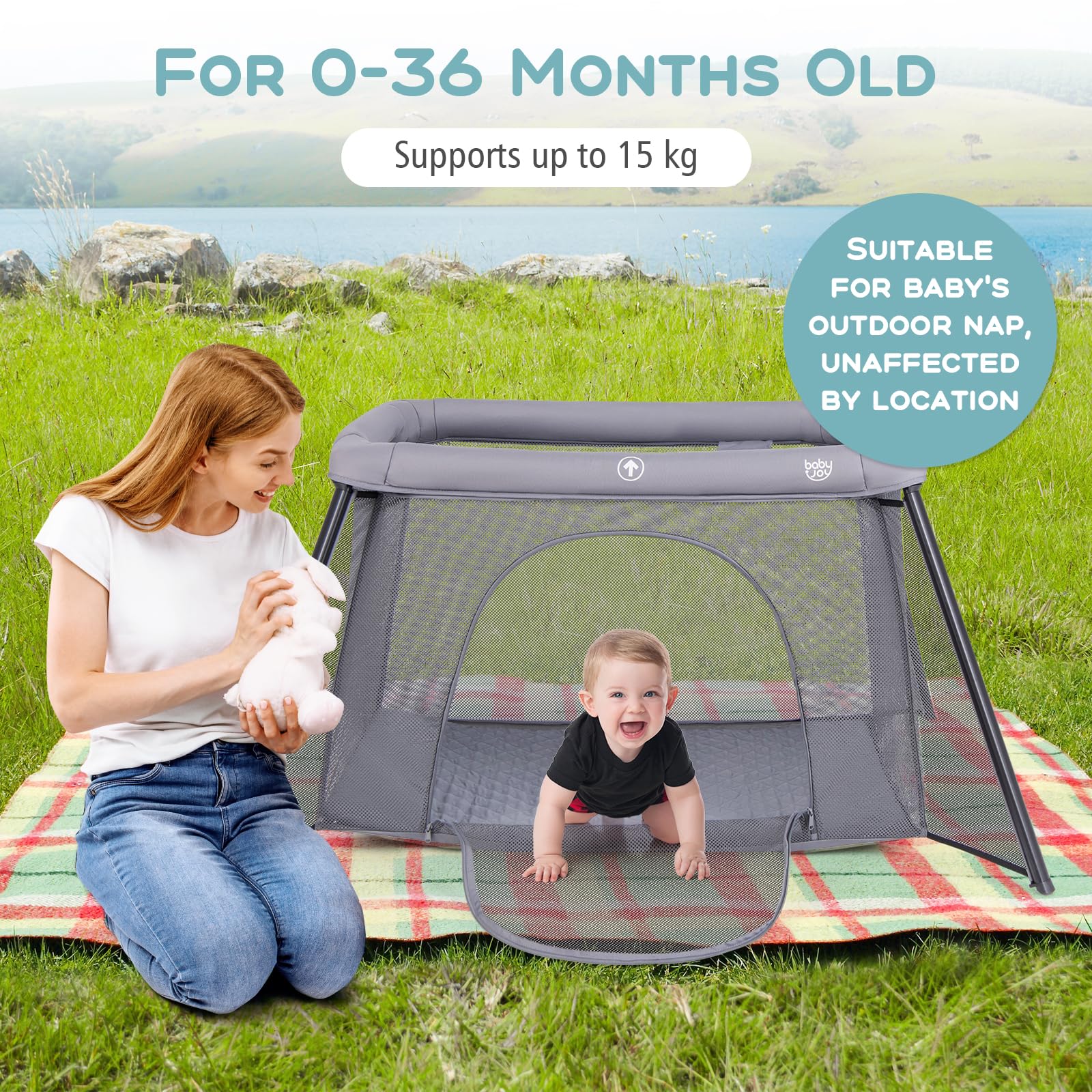 BABY JOY Foldable Portacot, 2-in-1 Baby Travel Cot with Safety Enclosure & Padded Mattress - Image 4
