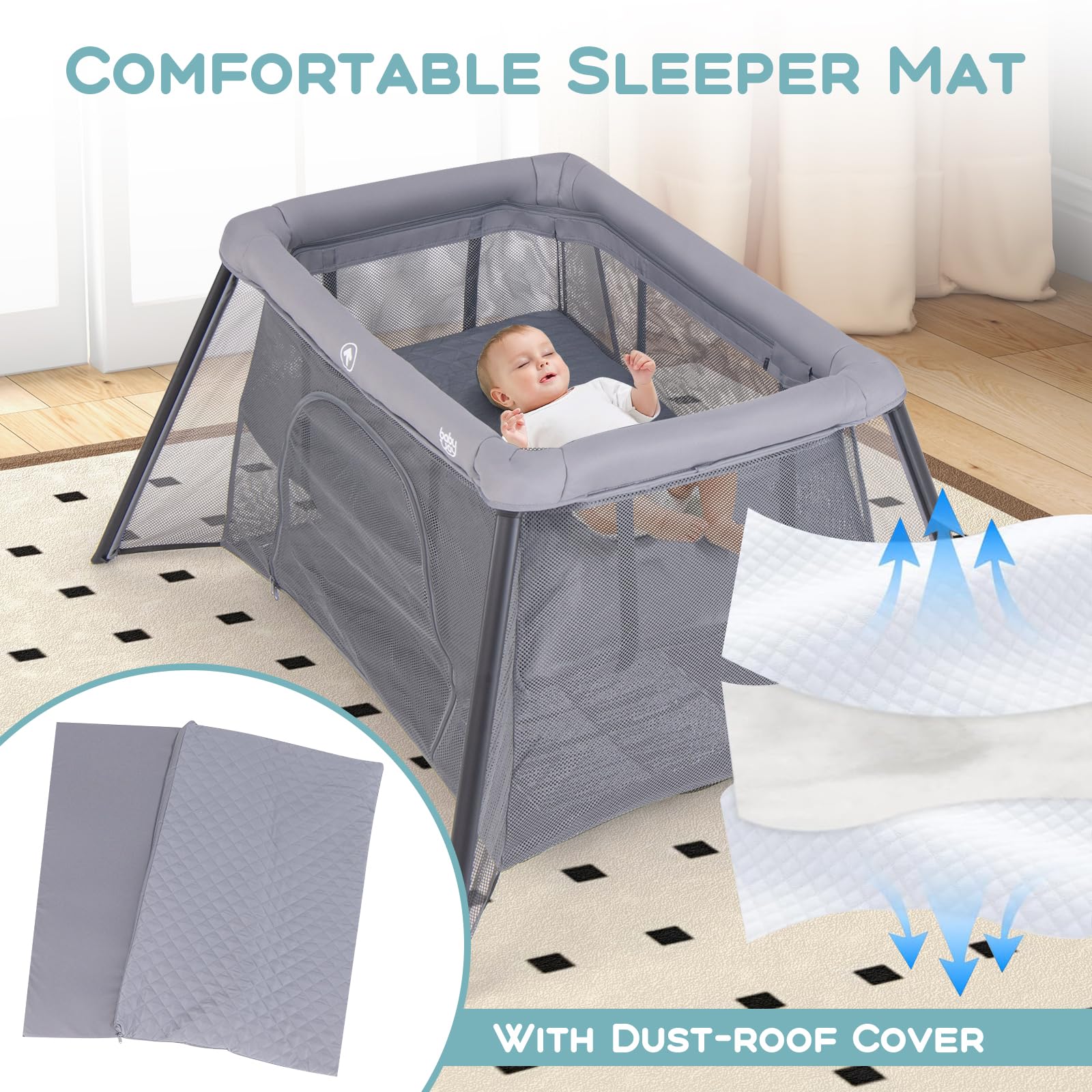 BABY JOY Foldable Portacot, 2-in-1 Baby Travel Cot with Safety Enclosure & Padded Mattress - Image 5
