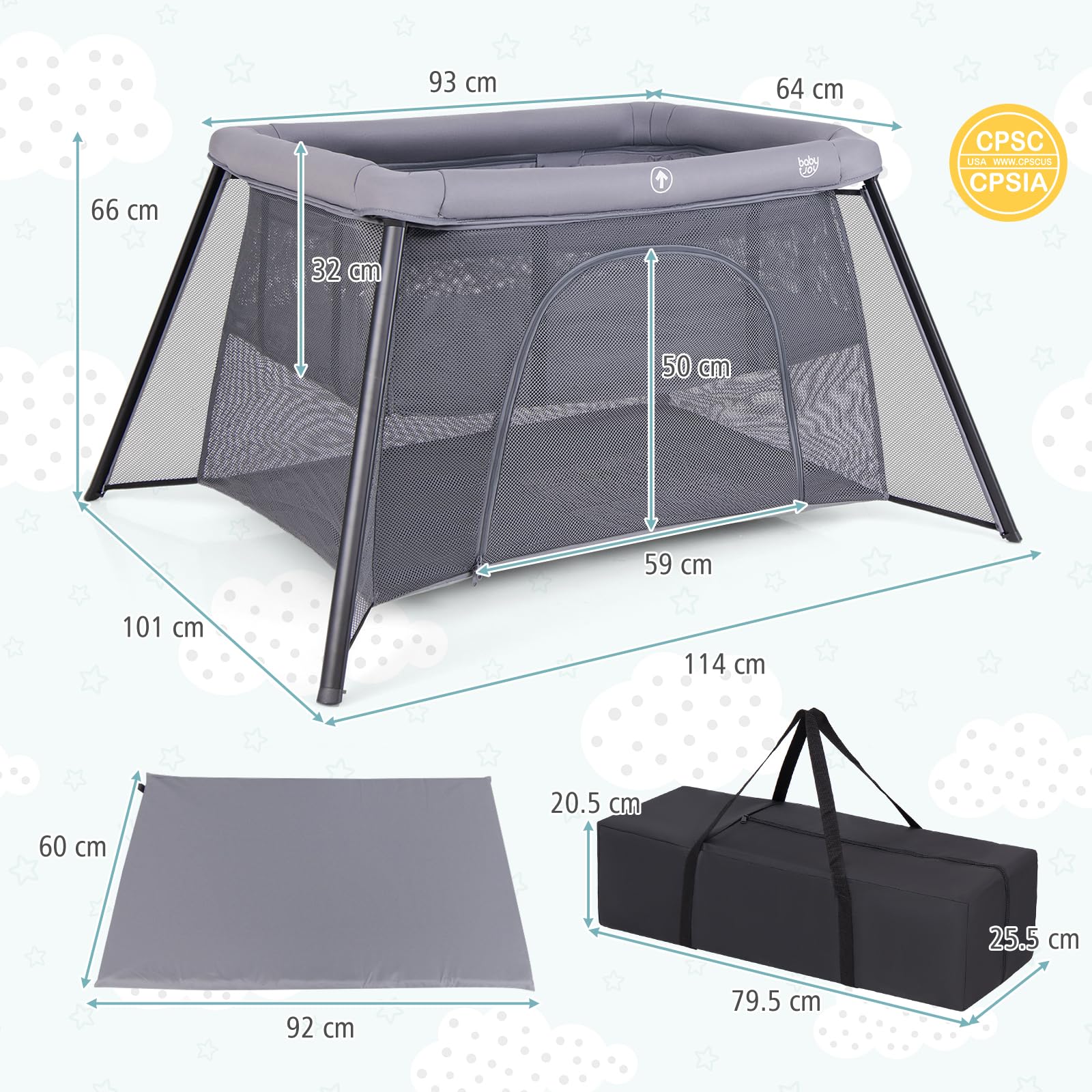 BABY JOY Foldable Portacot, 2-in-1 Baby Travel Cot with Safety Enclosure & Padded Mattress - Image 6