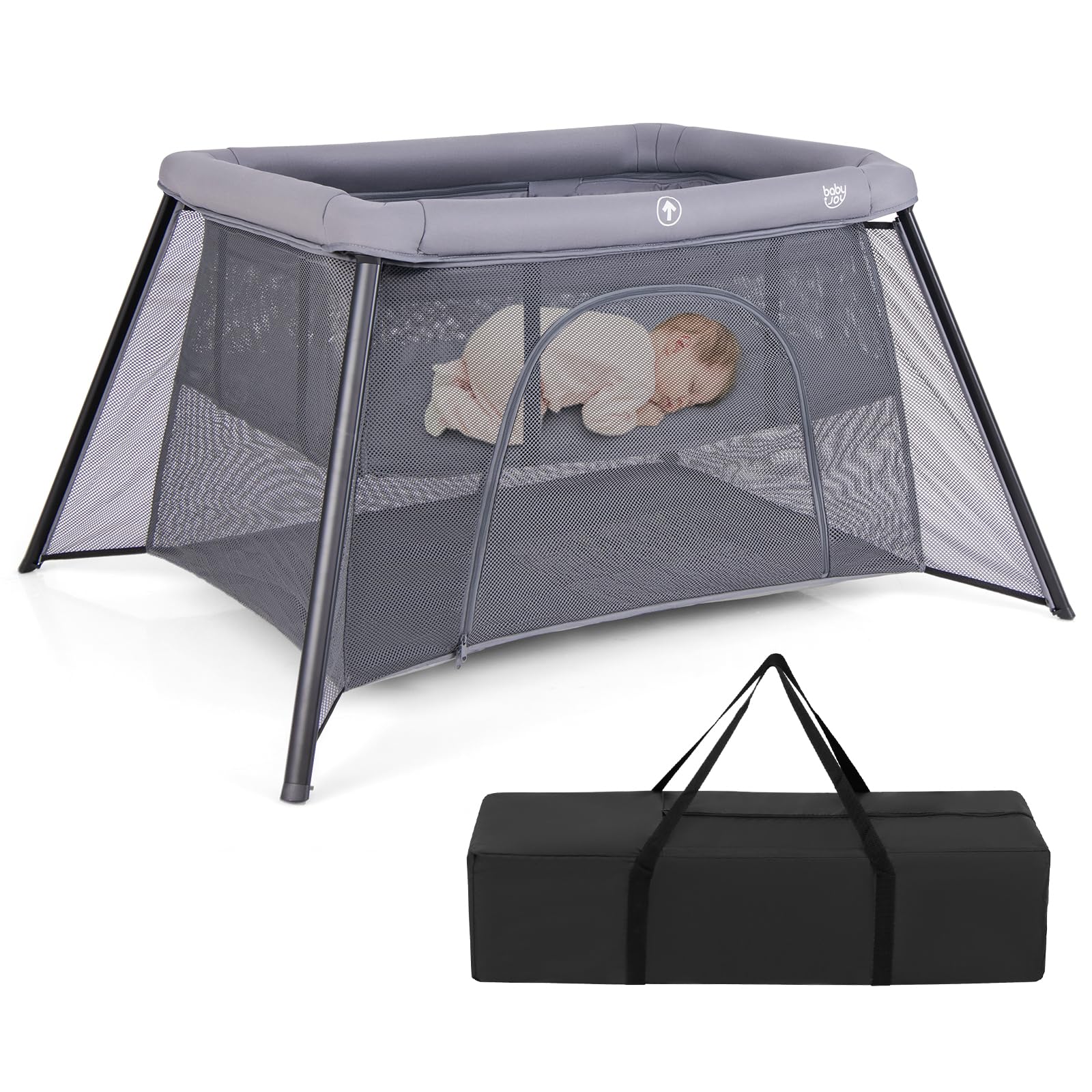 BABY JOY Foldable Portacot, 2-in-1 Baby Travel Cot with Safety Enclosure & Padded Mattress - Image 9
