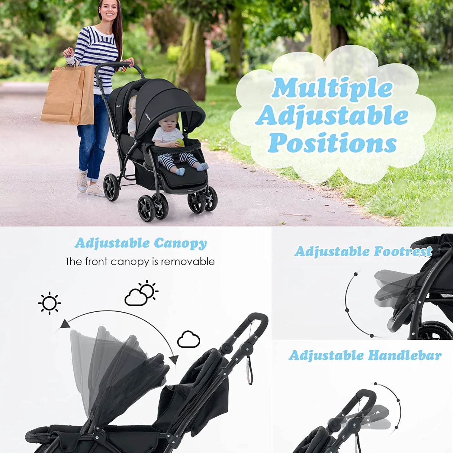 BABY JOY Foldable Tandem Stroller, Twin Pram - Image 3