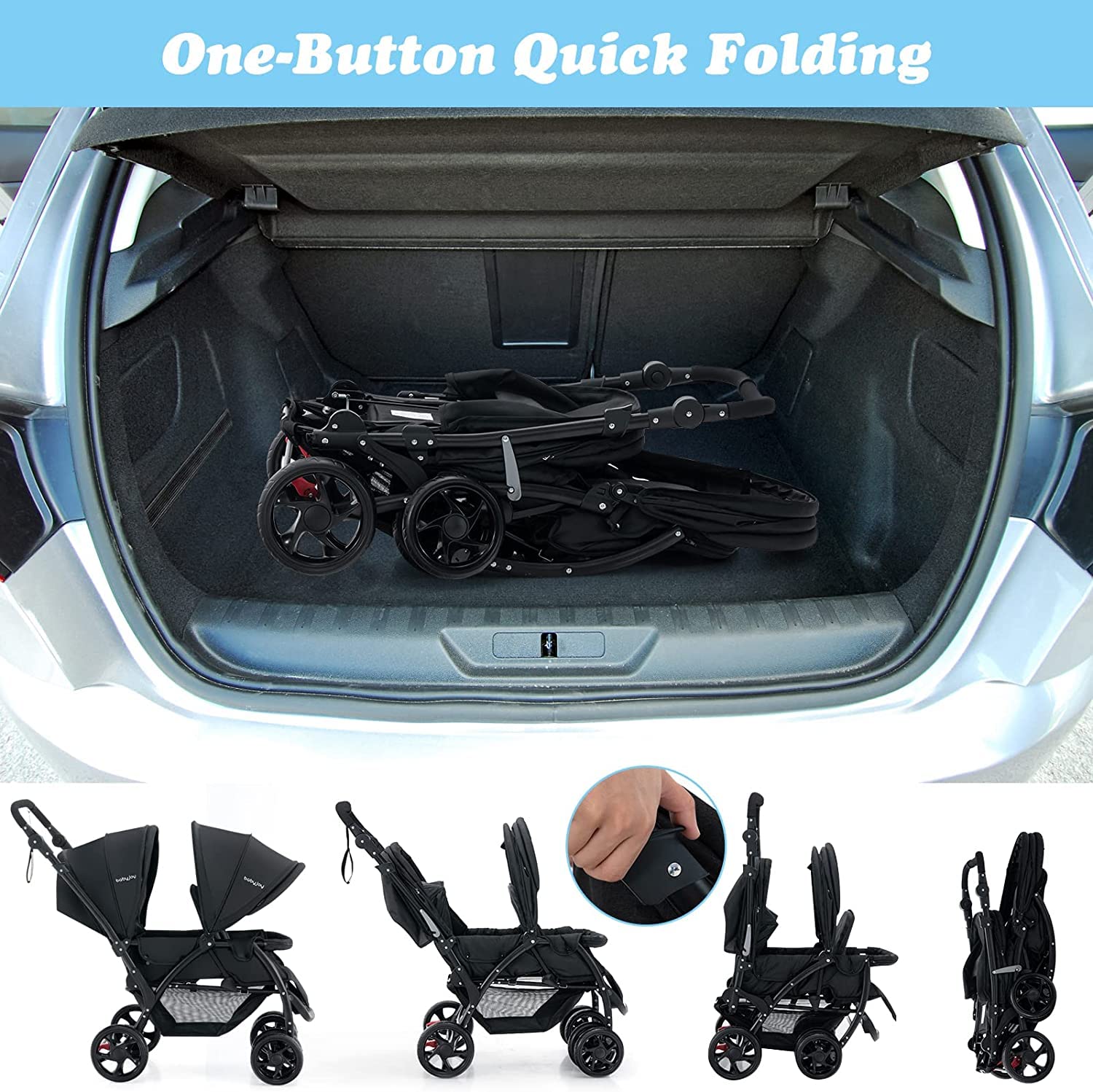BABY JOY Foldable Tandem Stroller, Twin Pram - Image 4