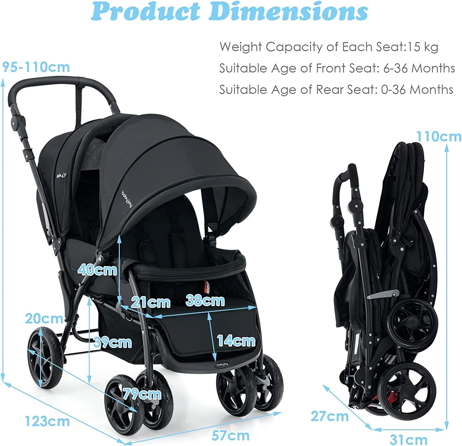 BABY JOY Foldable Tandem Stroller, Twin Pram - Image 5