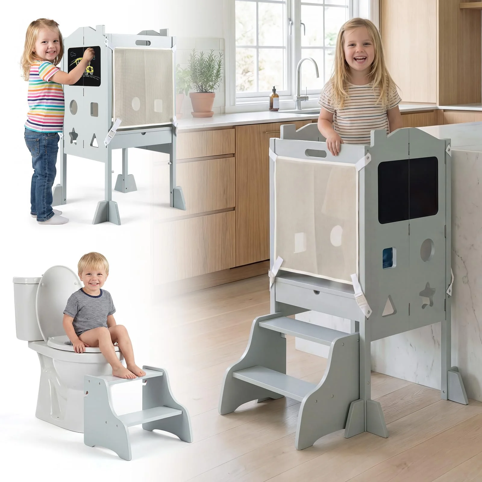 BABY JOY Foldable Toddler Tower with 3 Using Modes Step Stool Standing Kitchen Tower - Image 2