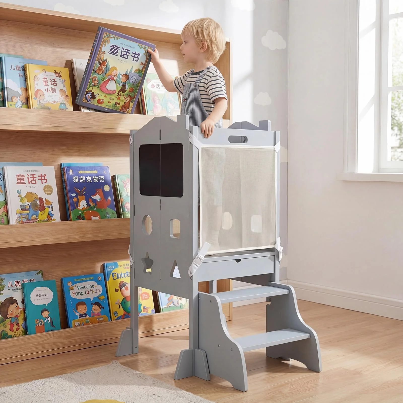 BABY JOY Foldable Toddler Tower with 3 Using Modes Step Stool Standing Kitchen Tower - Image 5