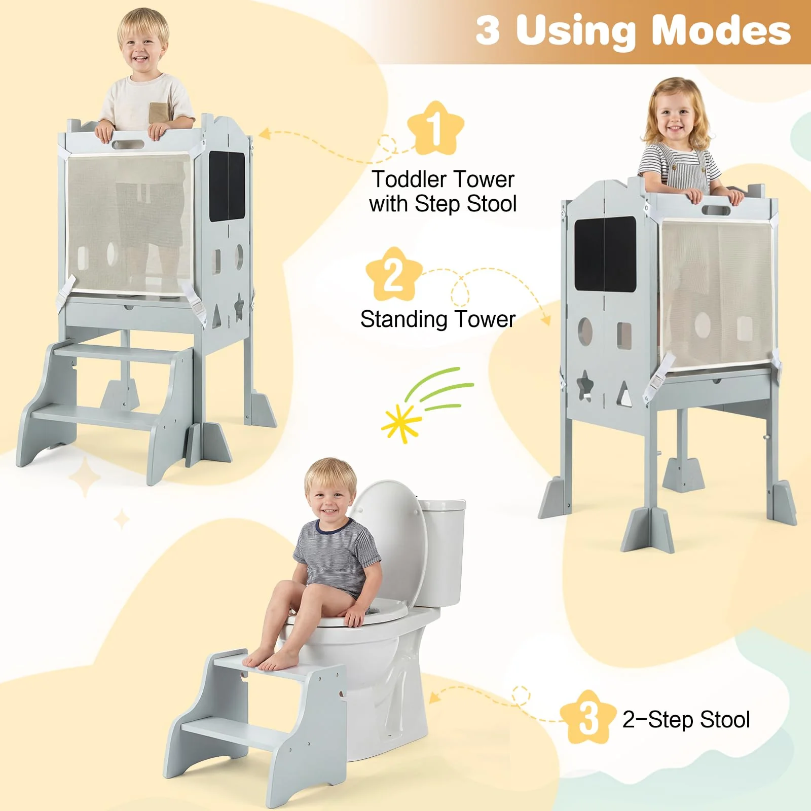 BABY JOY Foldable Toddler Tower with 3 Using Modes Step Stool Standing Kitchen Tower - Image 7