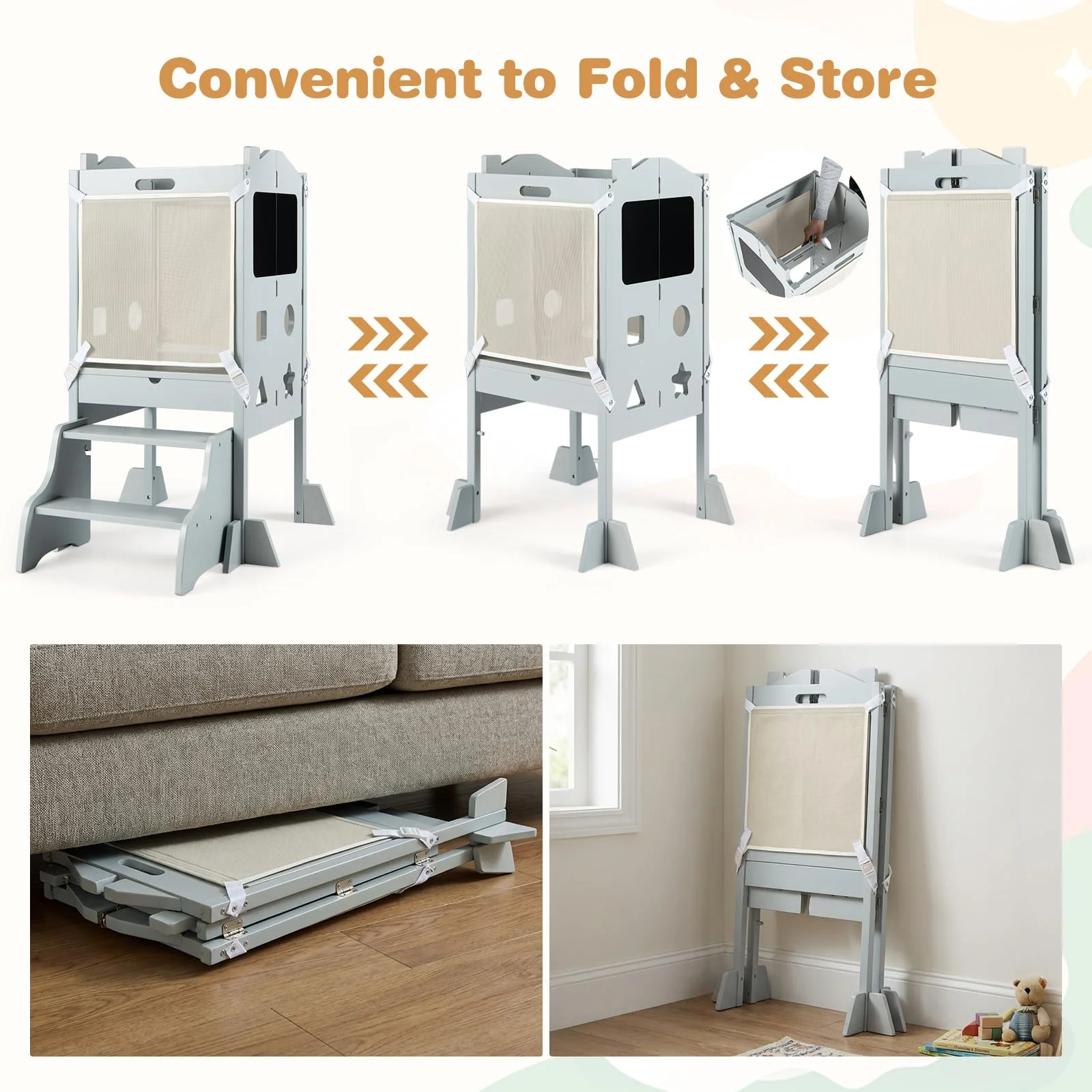 BABY JOY Foldable Toddler Tower with 3 Using Modes Step Stool Standing Kitchen Tower - Image 9