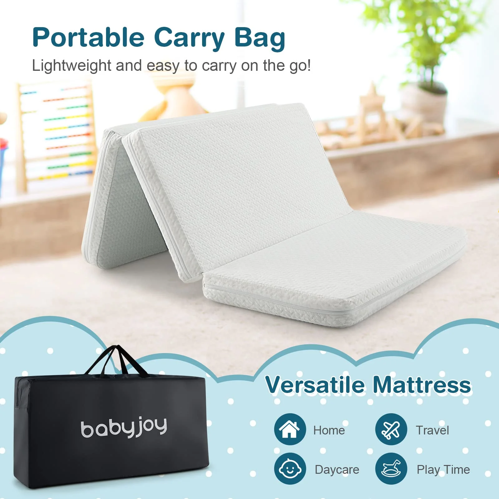 BABY JOY Folding Baby Cot Mattresses, 97 x 68 x 5cm Dual-Sided Foam Crib Mattresses w/Carrying Bag & Removable Zippered Cover - Image 7