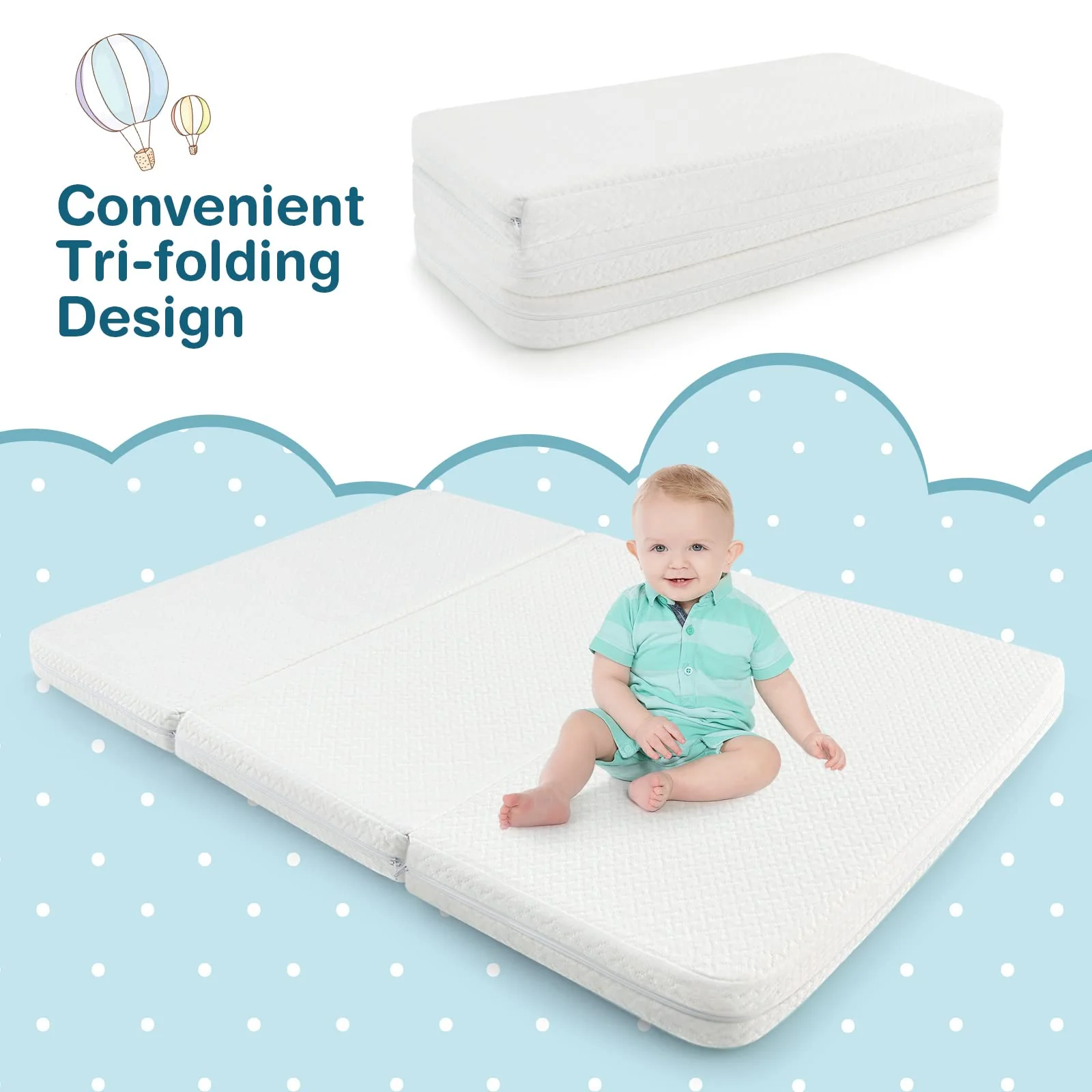 BABY JOY Folding Baby Cot Mattresses, 97 x 68 x 5cm Dual-Sided Foam Crib Mattresses w/Carrying Bag & Removable Zippered Cover - Image 8
