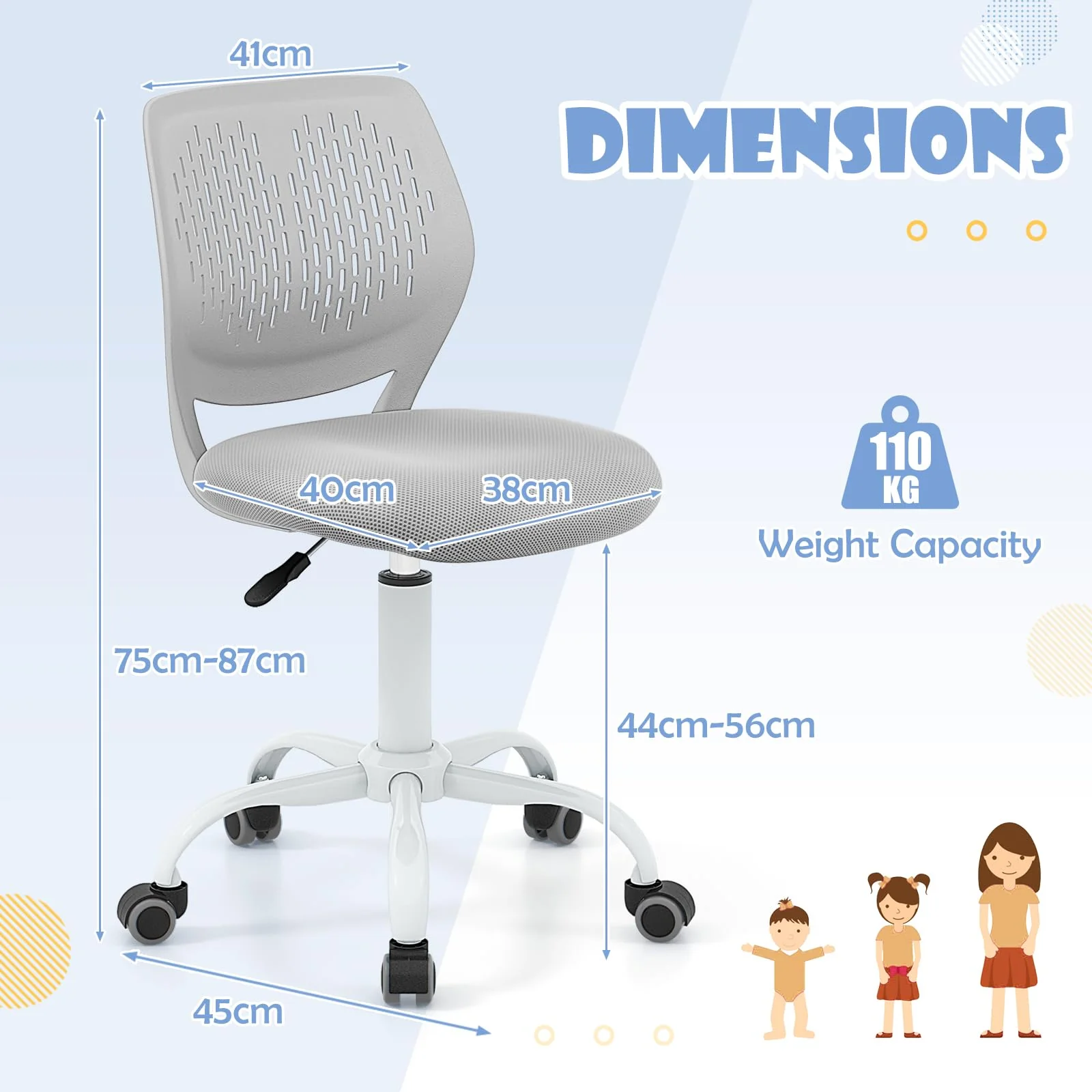BABY JOY Height-Adjustable Ergonomic Kids Desk Chair, Kids Mesh Computer Chair - Image 3