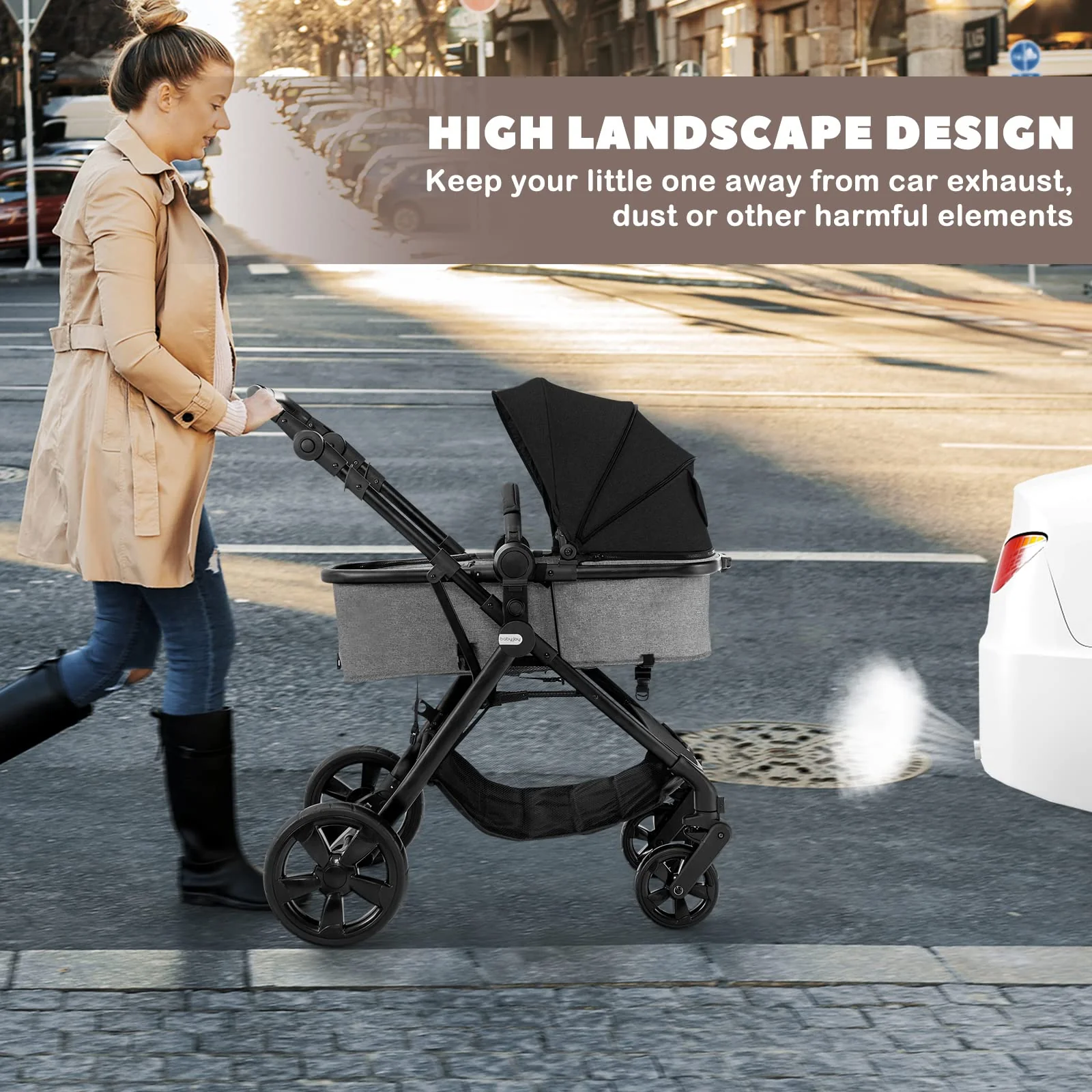 BABY JOY 2 in 1 High Landscape Baby Stroller, Convertible Baby Pram Jogger - Image 3