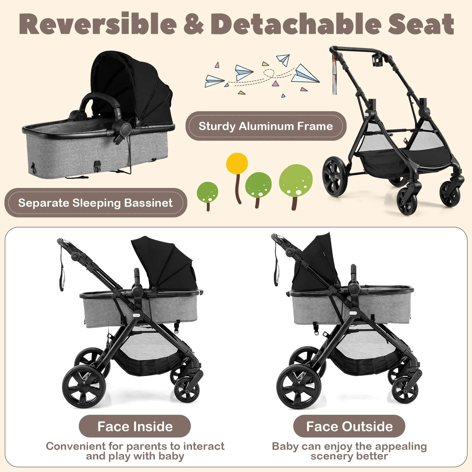 BABY JOY 2 in 1 High Landscape Baby Stroller, Convertible Baby Pram Jogger - Image 4