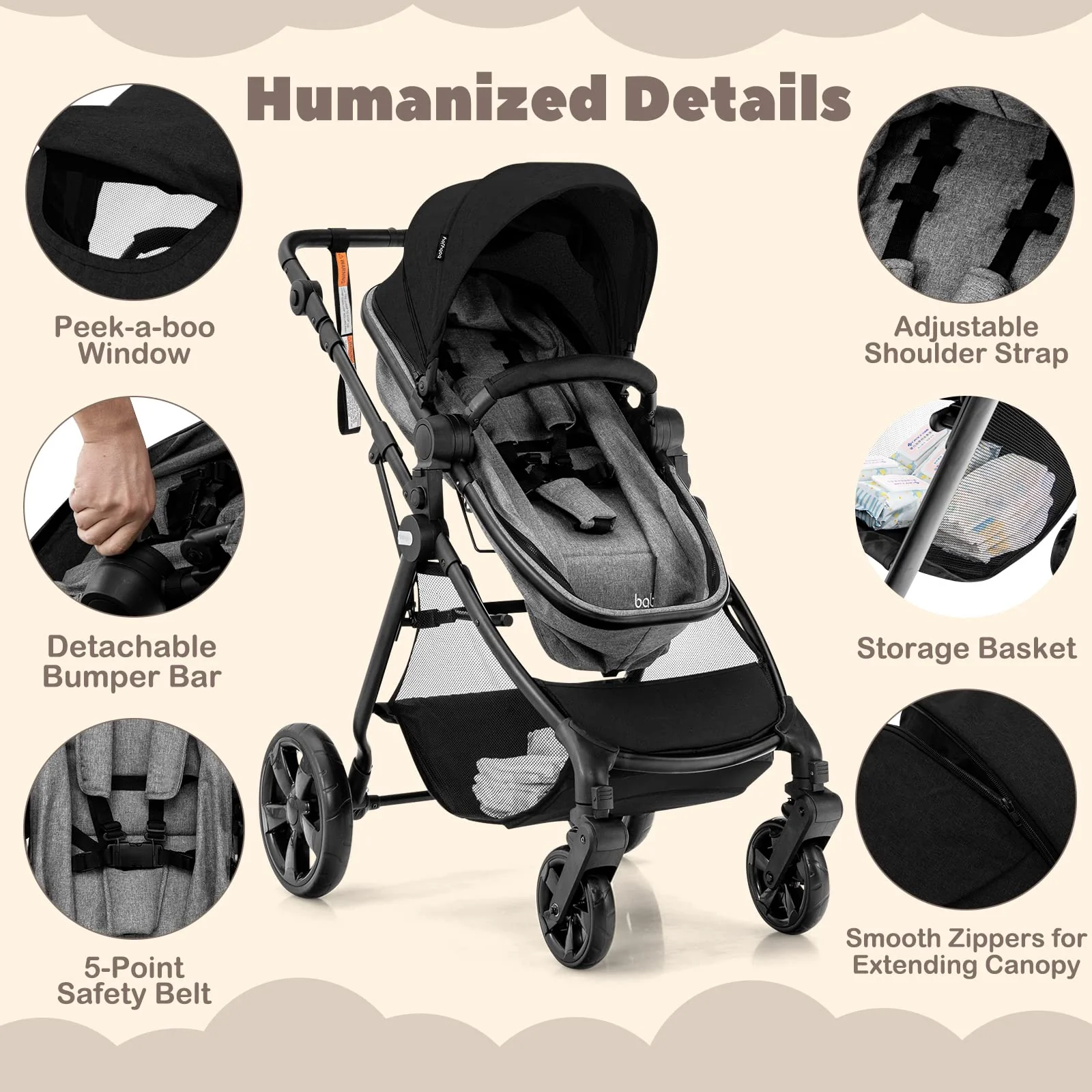 BABY JOY 2 in 1 High Landscape Baby Stroller, Convertible Baby Pram Jogger - Image 6