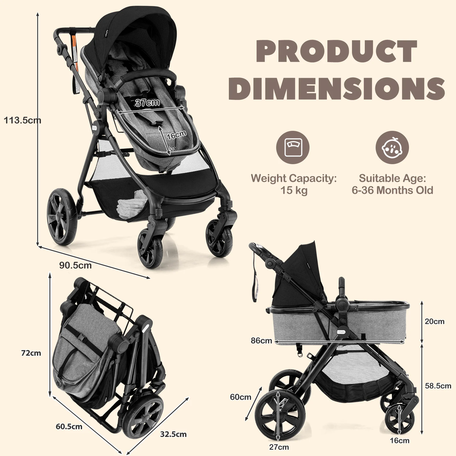 BABY JOY 2 in 1 High Landscape Baby Stroller, Convertible Baby Pram Jogger - Image 7