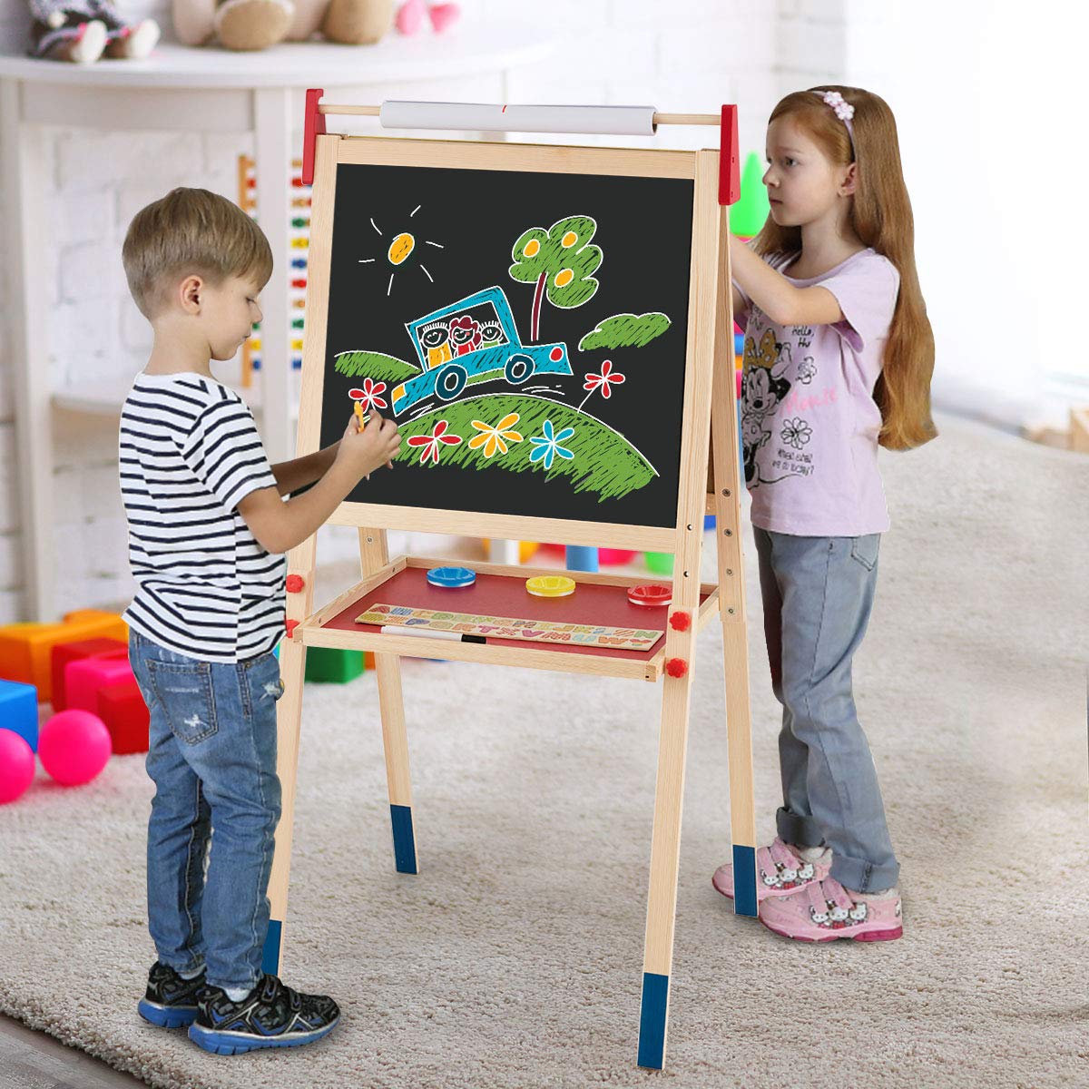 BABY JOY Kids Art Easel, 3 in 1 Double Sided Adjustable Chalkboard & Whiteboard - Image 9