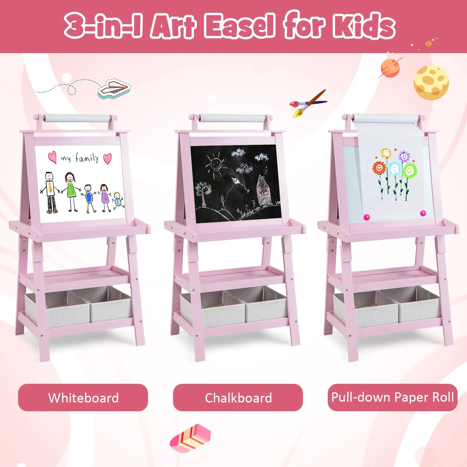 BABY JOY Kids Art Easel, 3 in 1 Double-Sided Standing Easel for Toddlers - Image 3