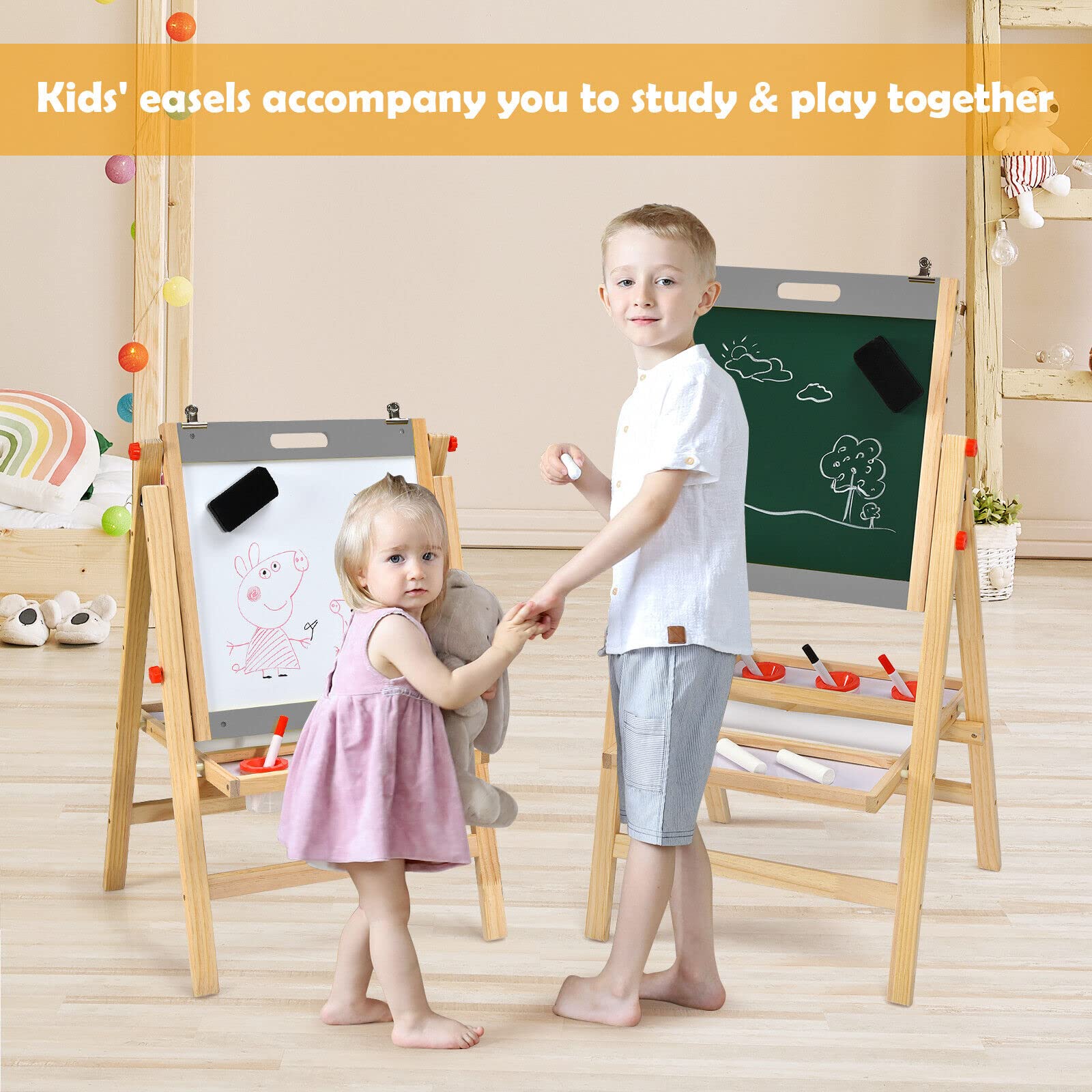BABY JOY Kids Art Easel, 3-in-1 Wooden Toddler Easel w/Paper Roll, Storage Tray, Eraser - Image 3