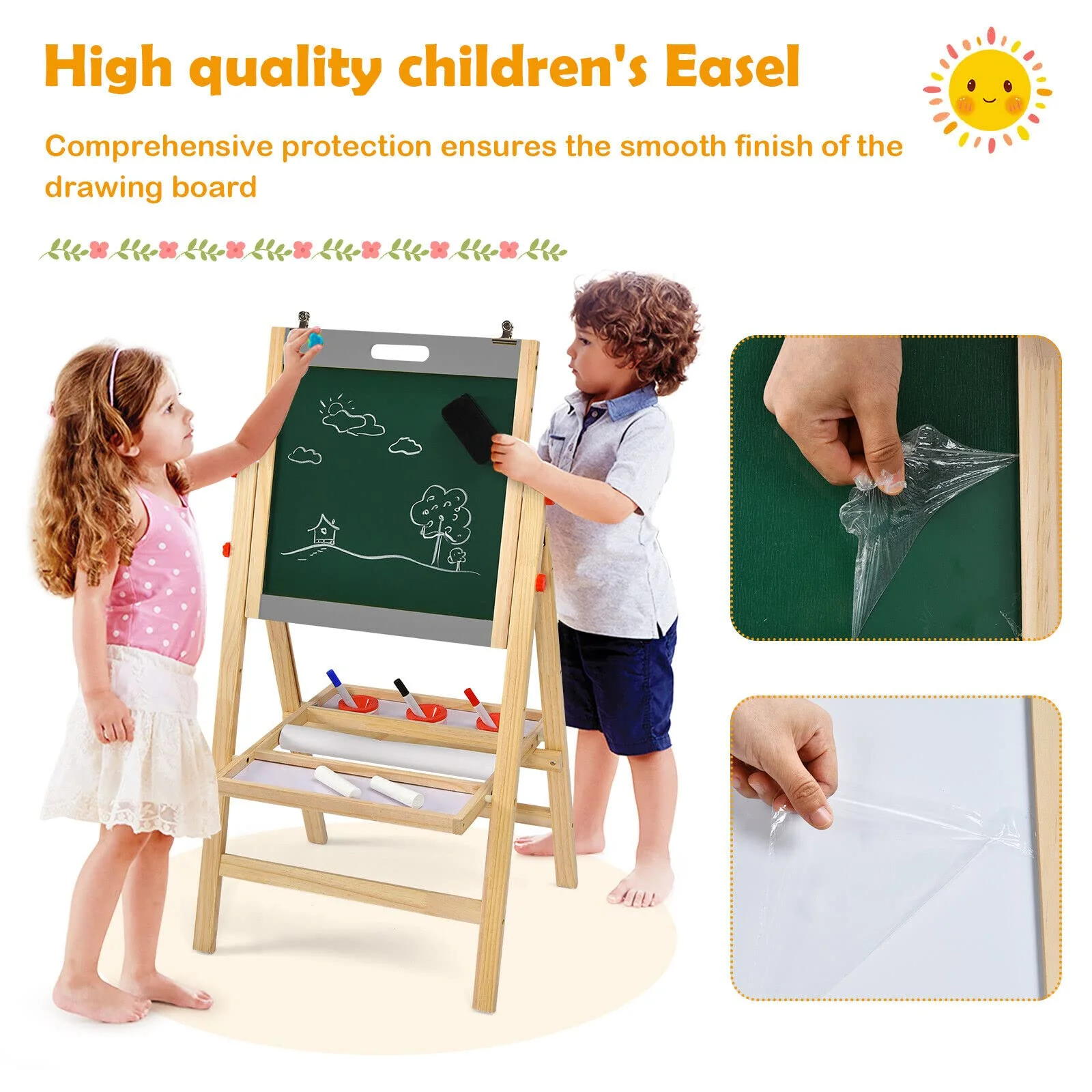 BABY JOY Kids Art Easel, 3-in-1 Wooden Toddler Easel w/Paper Roll, Storage Tray, Eraser - Image 4