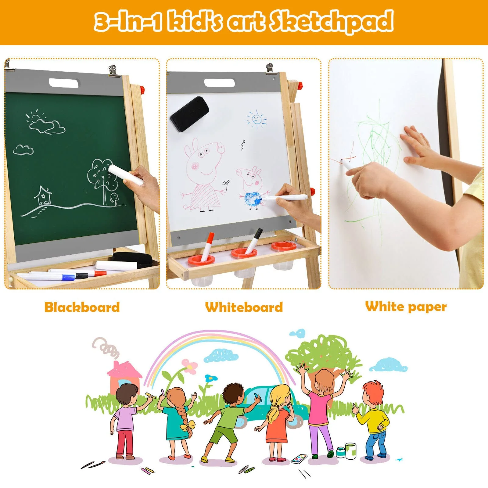 BABY JOY Kids Art Easel, 3-in-1 Wooden Toddler Easel w/Paper Roll, Storage Tray, Eraser - Image 7