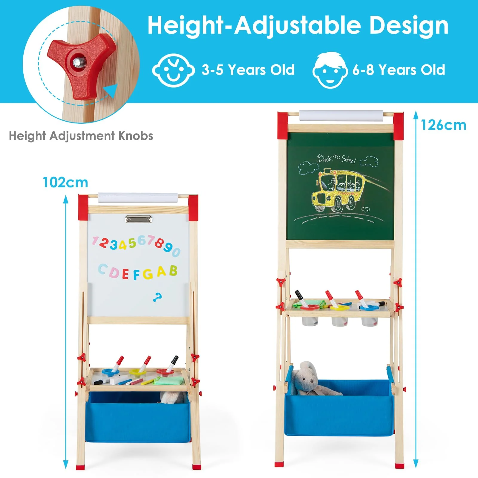 BABY JOY Kids Art Easel, Adjustable Height Double Sided Easel w/Chalkboard & Whiteboard - Image 4