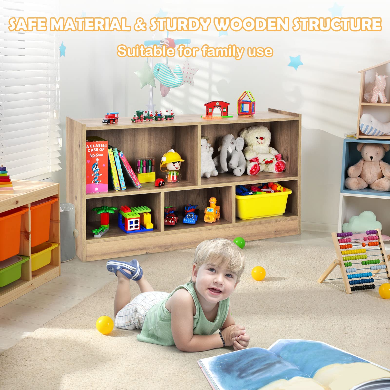 BABY JOY Kids Bookshelf & Toy Shelf, Storage Cabinet w/ 5 Compartments for Organizing Toys, Dolls - Image 6