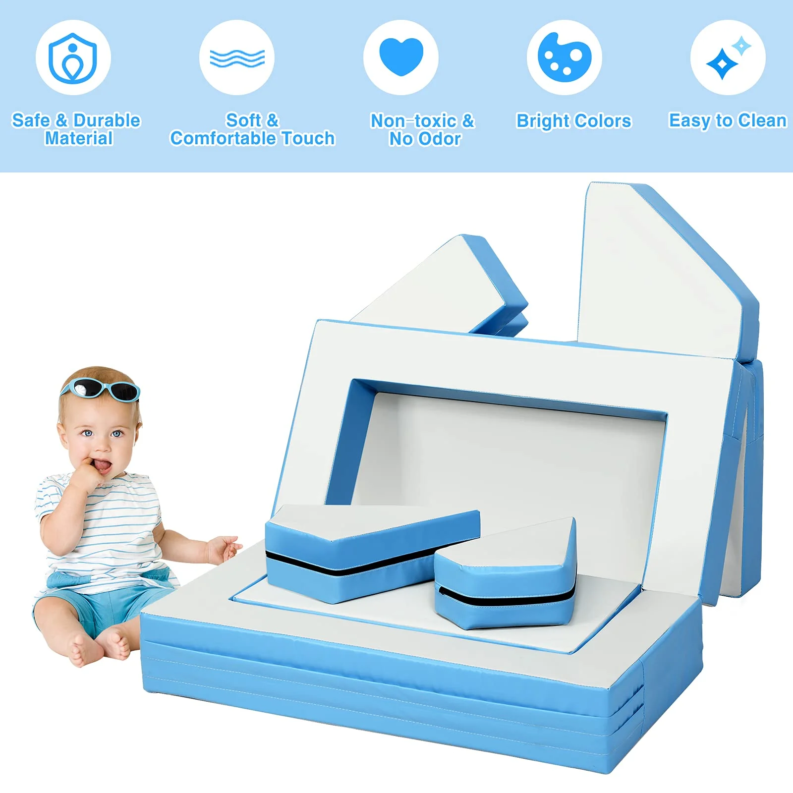 BABY JOY Kids Crawl & Climb Foam Play Set, 4-in-1 Soft Foam Building Blocks for Babies, Modular Kids Sofa - Image 15