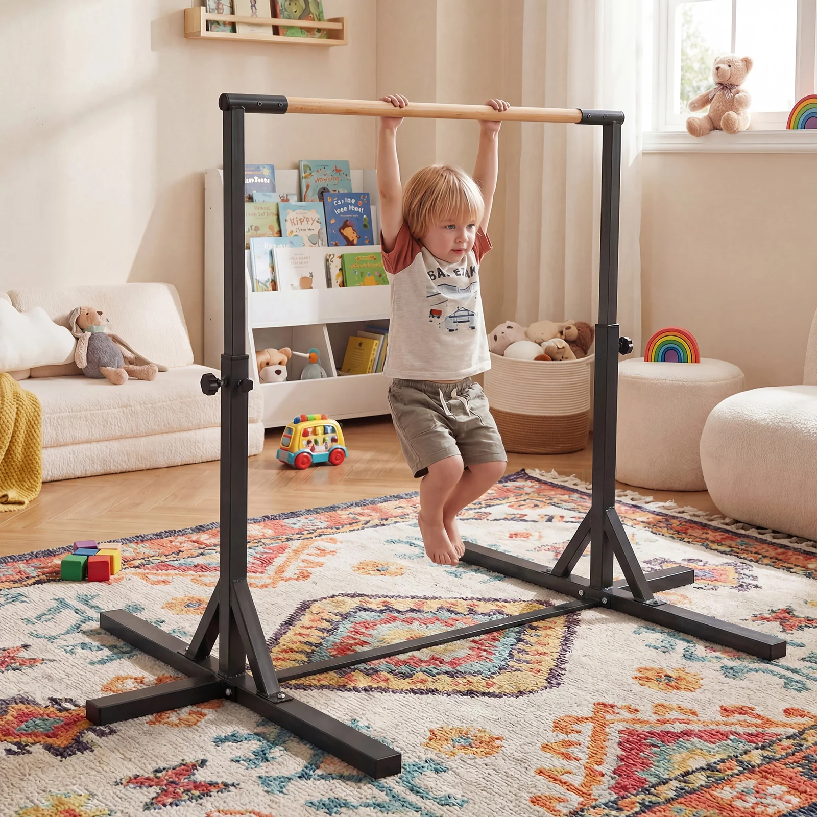 BABY JOY Kids Gymnastic Training Bar, 90 to 150cm Height Adjustable Expandable Exercise Horizontal Kip Bar w/Double Locking Mechanism - Image 2