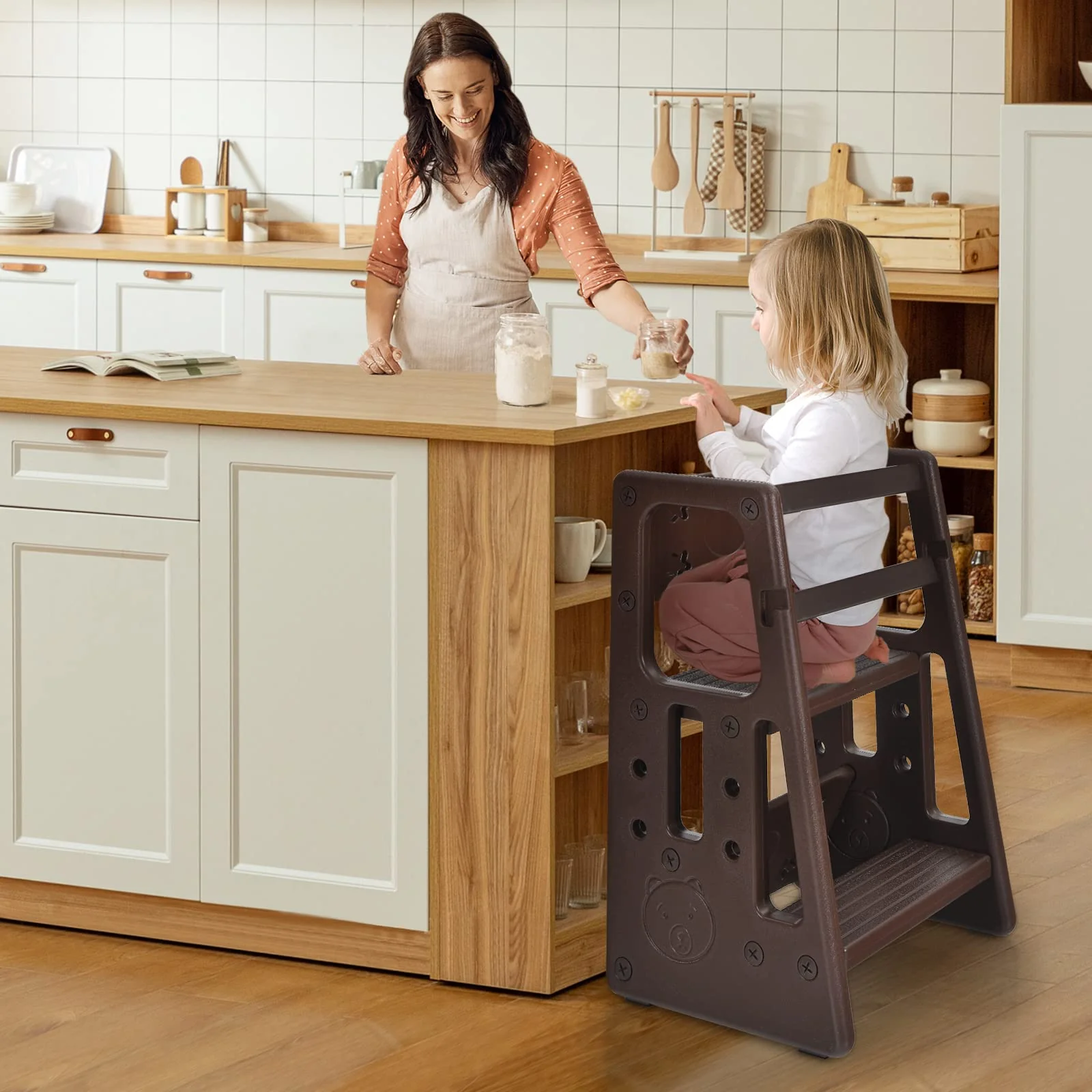 BABY JOY Kids Kitchen Step Stool, Toddler Step Ladder w/ 3 Adjustable Heights, Non-Slip Design & Safety Handles - Image 3