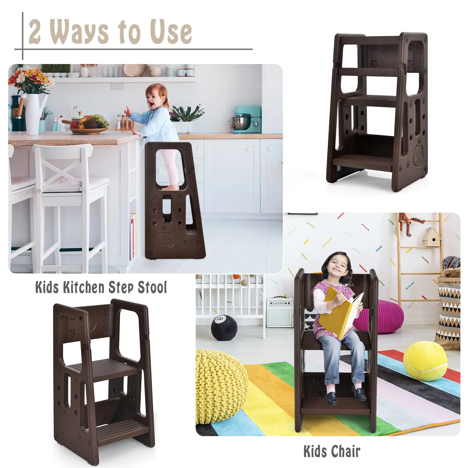 BABY JOY Kids Kitchen Step Stool, Toddler Step Ladder w/ 3 Adjustable Heights, Non-Slip Design & Safety Handles - Image 4