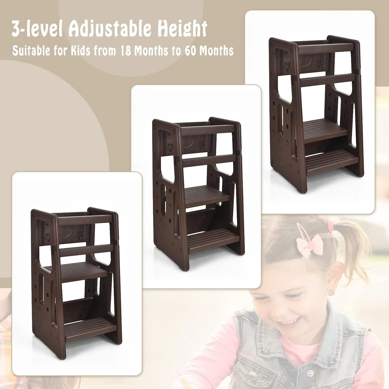 BABY JOY Kids Kitchen Step Stool, Toddler Step Ladder w/ 3 Adjustable Heights, Non-Slip Design & Safety Handles - Image 5