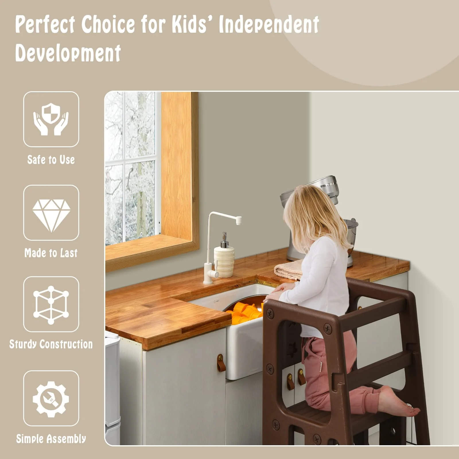 BABY JOY Kids Kitchen Step Stool, Toddler Step Ladder w/ 3 Adjustable Heights, Non-Slip Design & Safety Handles - Image 6