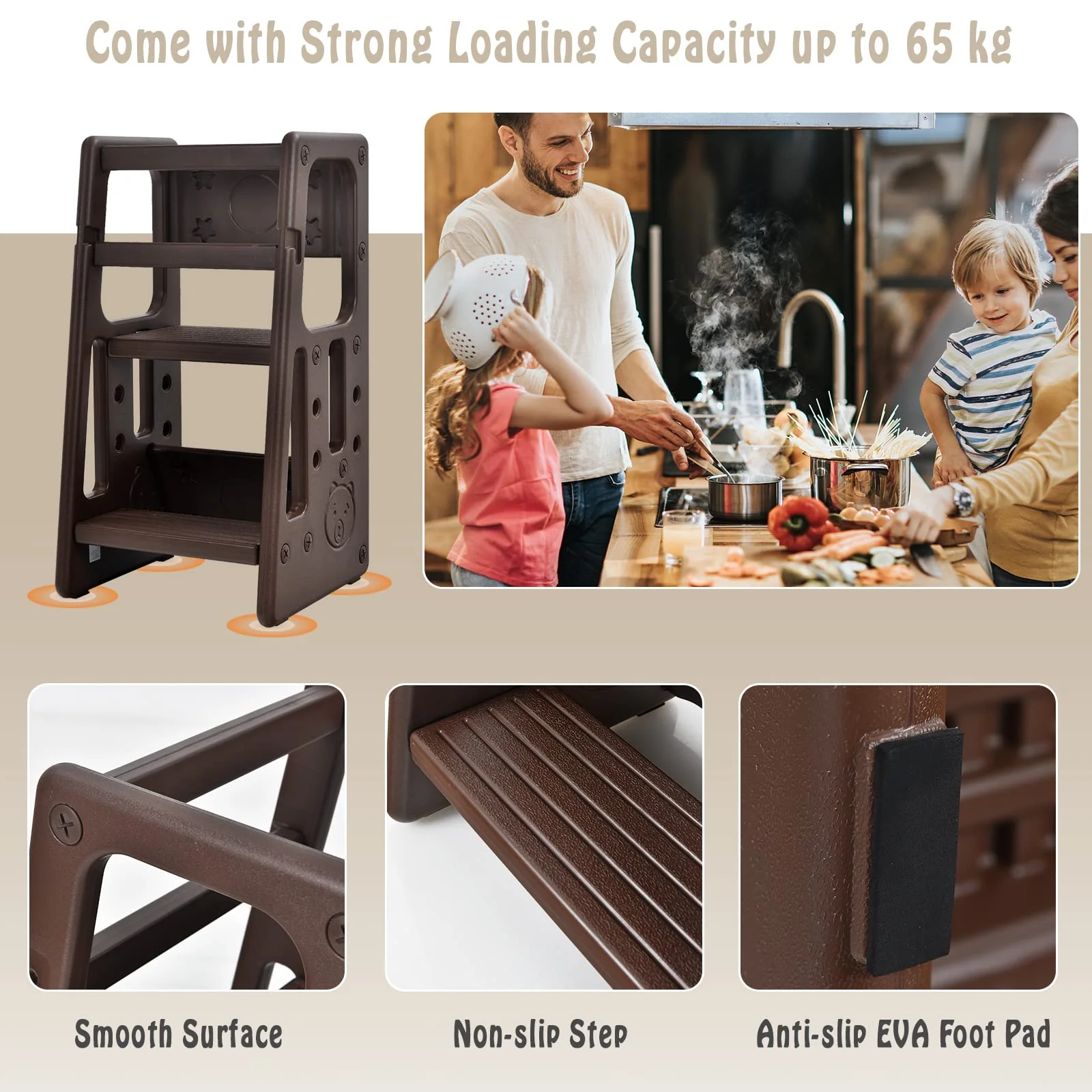 BABY JOY Kids Kitchen Step Stool, Toddler Step Ladder w/ 3 Adjustable Heights, Non-Slip Design & Safety Handles - Image 8