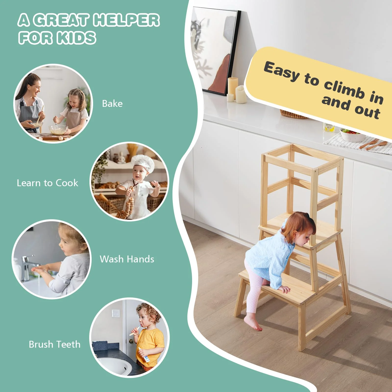 BABY JOY Kids Kitchen Step Stool with Safety Rail, 2 in 1 Solid Wood Montessori Learning Stool - Image 6
